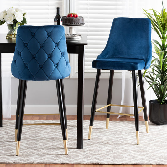 Baxton Studio Giada Contemporary Glam and Luxe Navy Blue Velvet Fabric and Dark Brown Finished Wood 2-Piece Bar Stool Set | Bar Stools | Modishstore