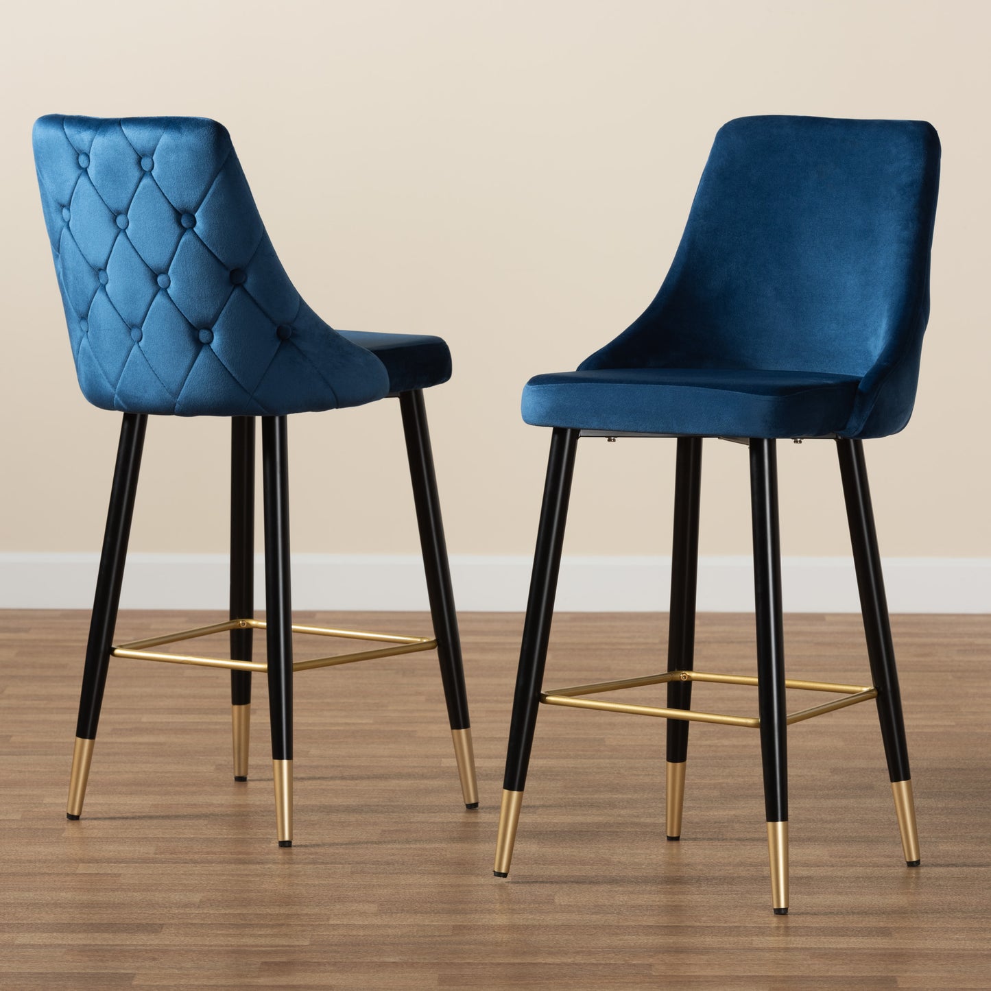 Baxton Studio Giada Contemporary Glam and Luxe Navy Blue Velvet Fabric and Dark Brown Finished Wood 2-Piece Bar Stool Set | Bar Stools | Modishstore - 2