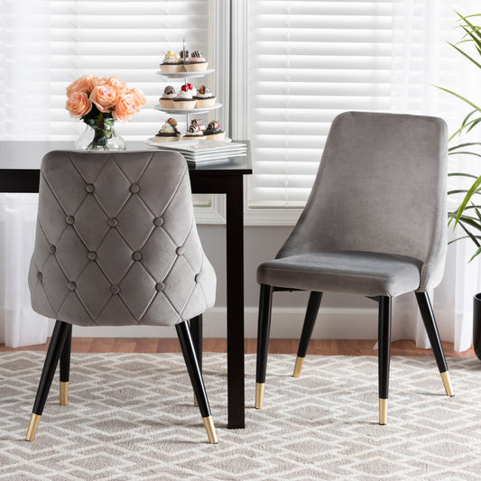 Baxton Studio Giada Contemporary Glam and Luxe Grey Velvet Fabric and Dark Brown Finished Wood 2-Piece Dining Chair Set | Dining Chairs | Modishstore