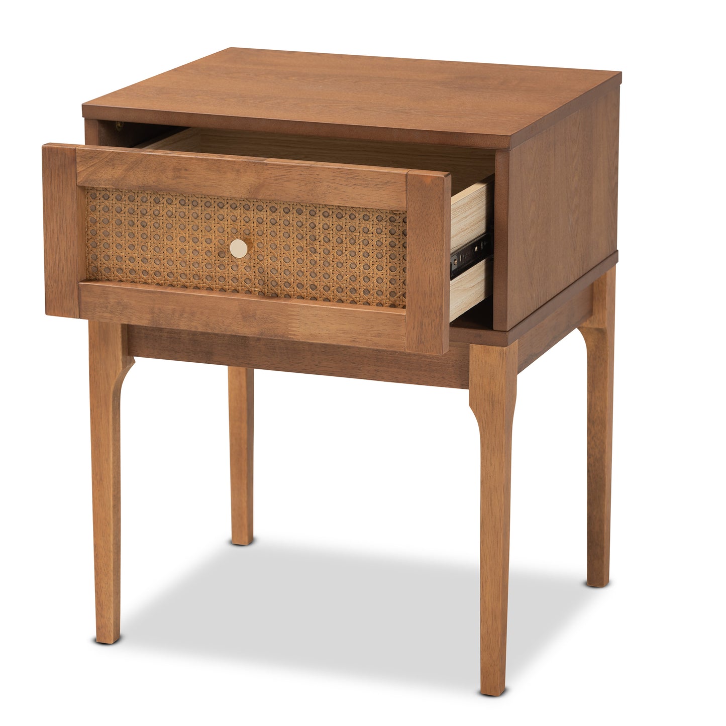 Baxton Studio Ramiel Mid-Century Modern Ash Walnut Finished Wood and Rattan 1-Drawer Nightstand | Nightstands | Modishstore - 3