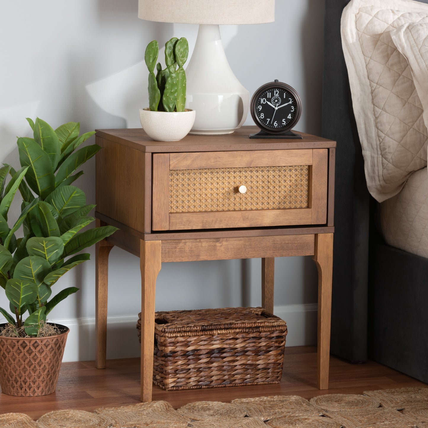 Baxton Studio Ramiel Mid-Century Modern Ash Walnut Finished Wood and Rattan 1-Drawer Nightstand | Nightstands | Modishstore