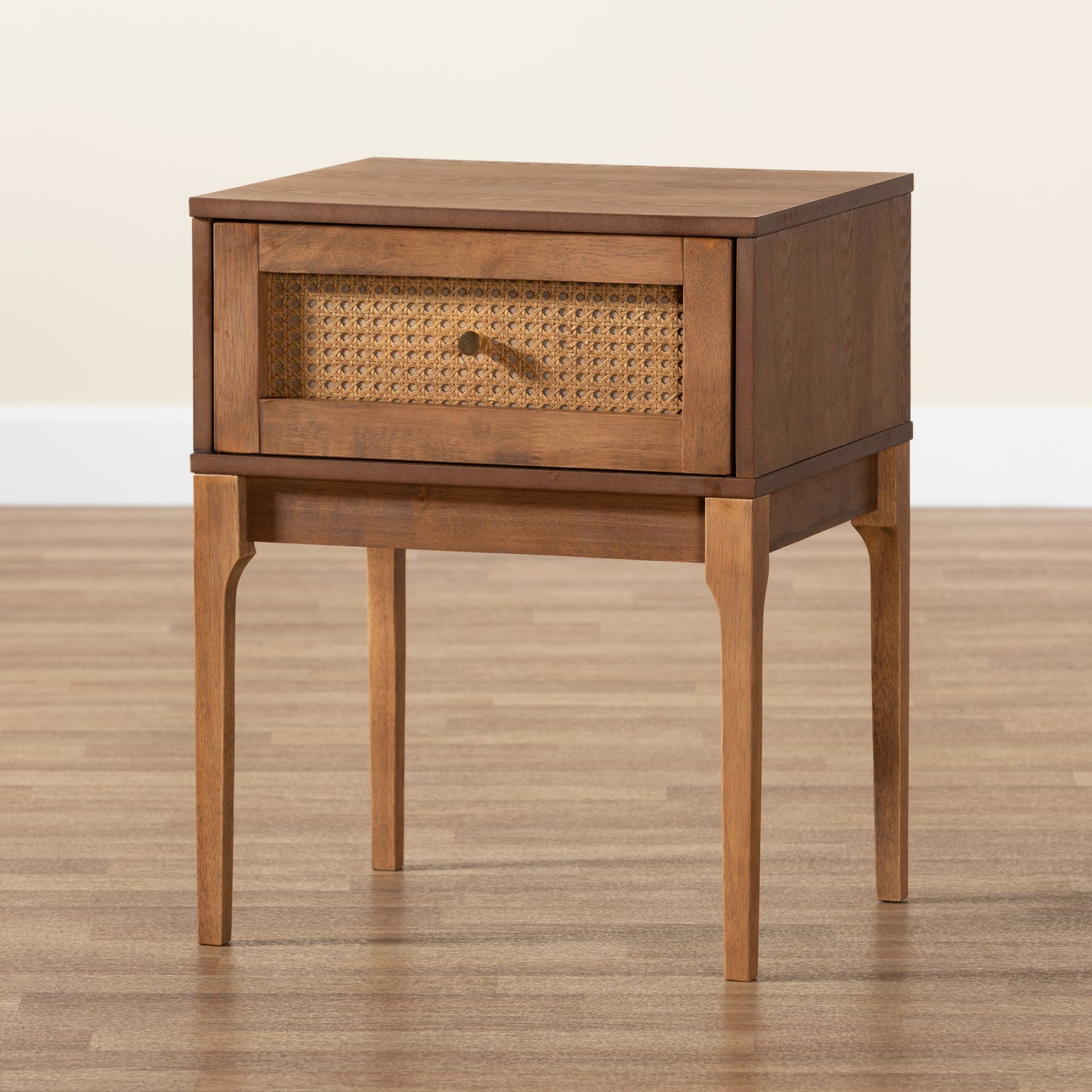 Baxton Studio Ramiel Mid-Century Modern Ash Walnut Finished Wood and Rattan 1-Drawer Nightstand | Nightstands | Modishstore - 9