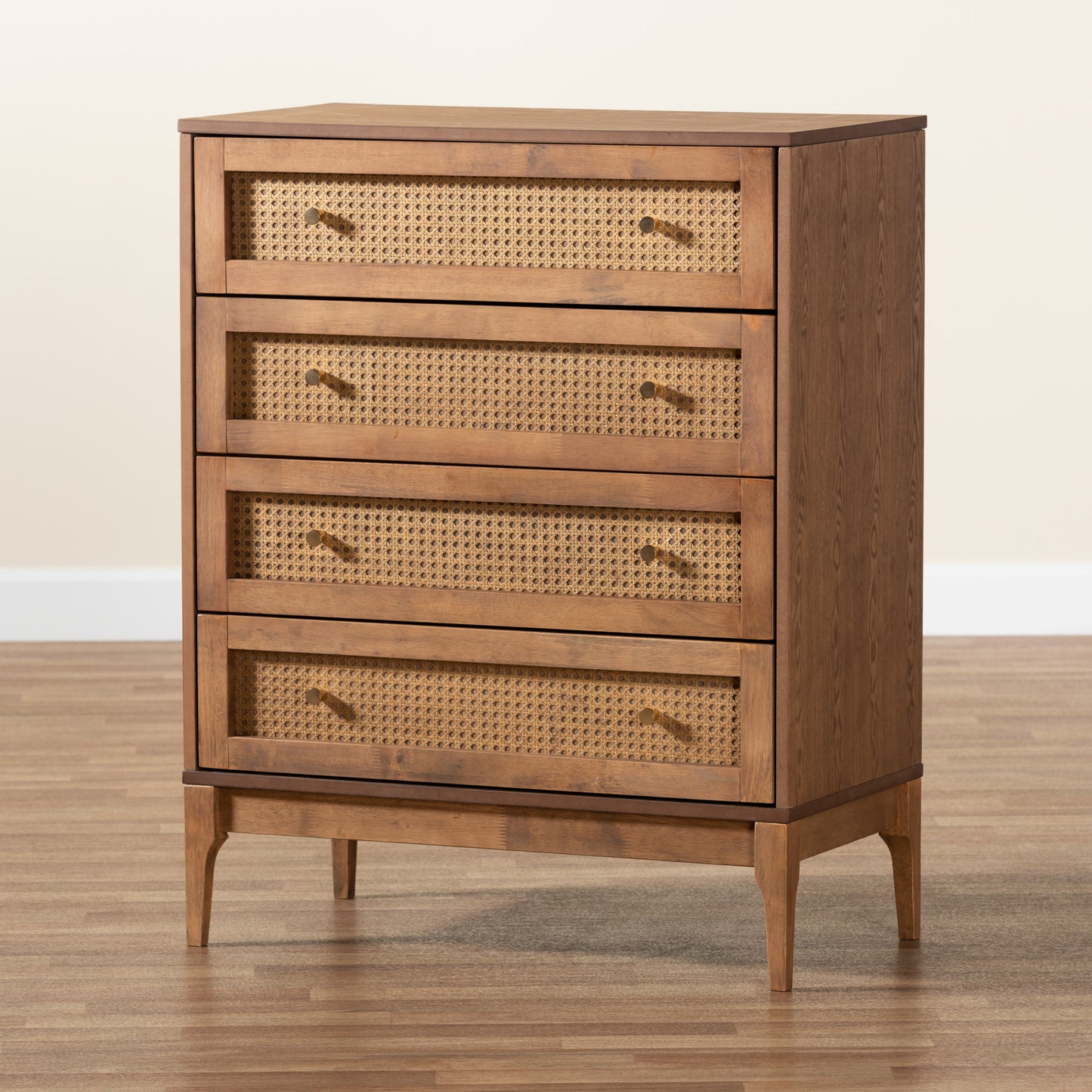 Baxton Studio Ramiel Mid-Century Modern Ash Walnut Finished Wood and Rattan 4-Drawer Chest | Drawers | Modishstore - 2