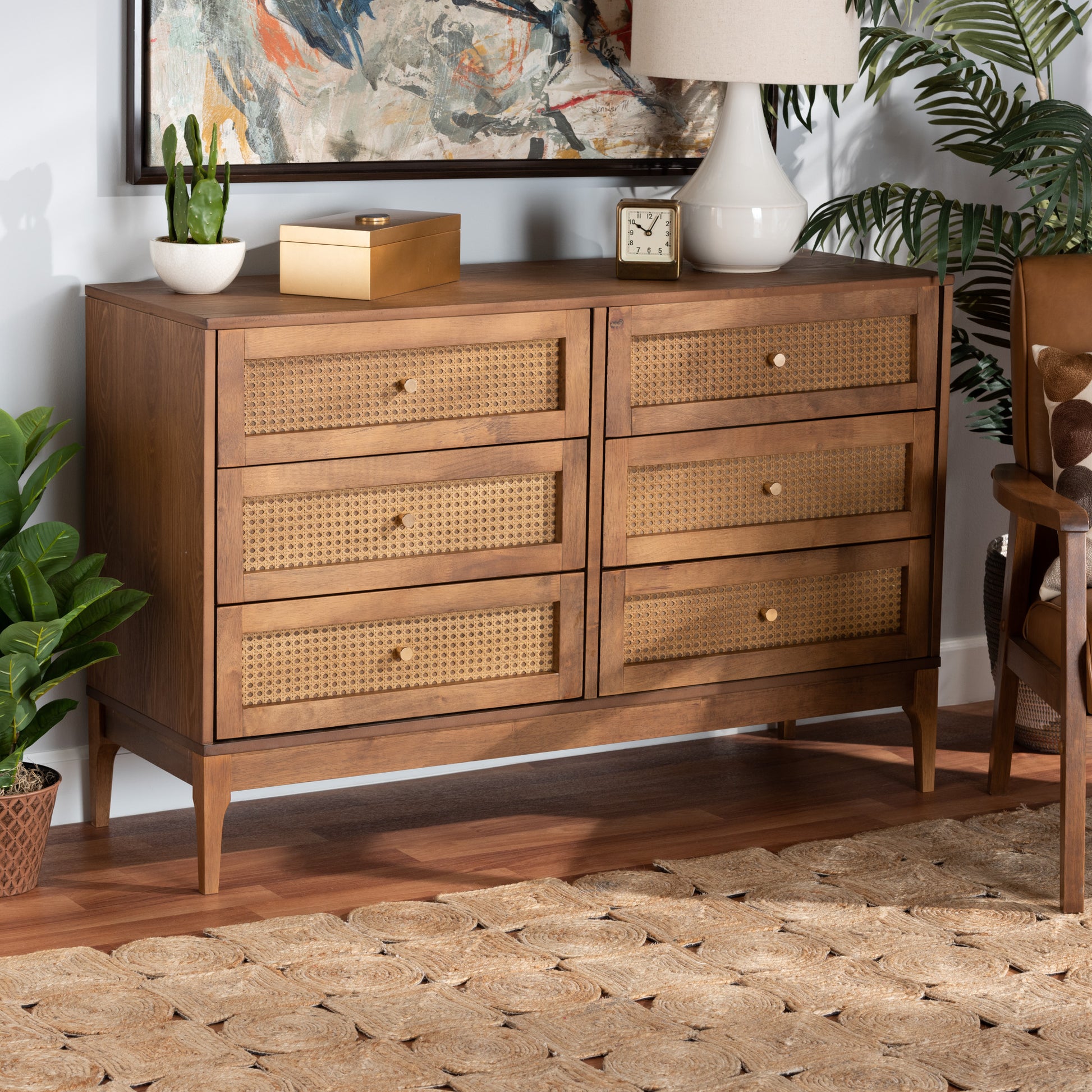 Baxton Studio Ramiel Mid-Century Modern Ash Walnut Finished Wood and Rattan 6-Drawer Dresser | Dressers | Modishstore