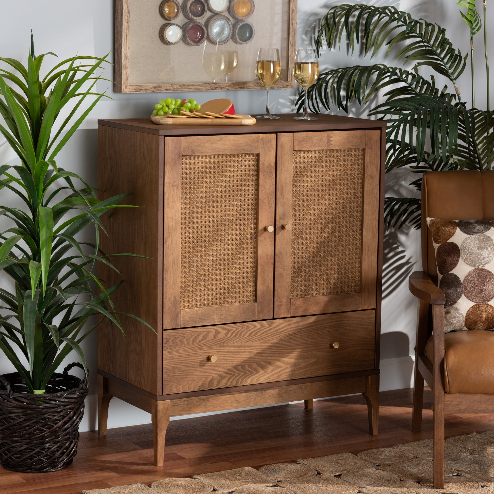 Baxton Studio Ramiel Mid-Century Modern Ash Walnut Finished Wood and Rattan 1-Drawer Sideboard | Sideboards | Modishstore