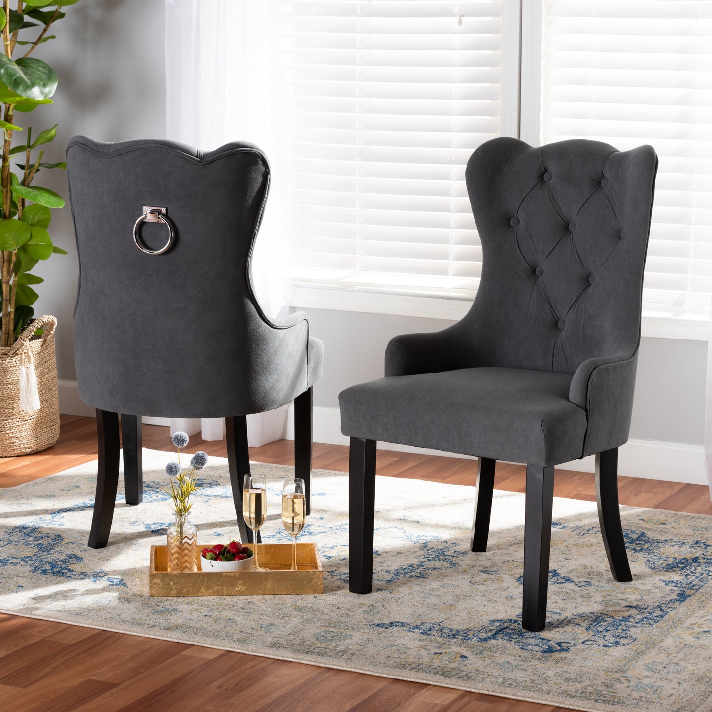 Baxton Studio Fabre Modern Transitional Grey Velvet Fabric Upholstered and Dark Brown Finished Wood 2-Piece Dining Chair Set | Dining Chairs | Modishstore