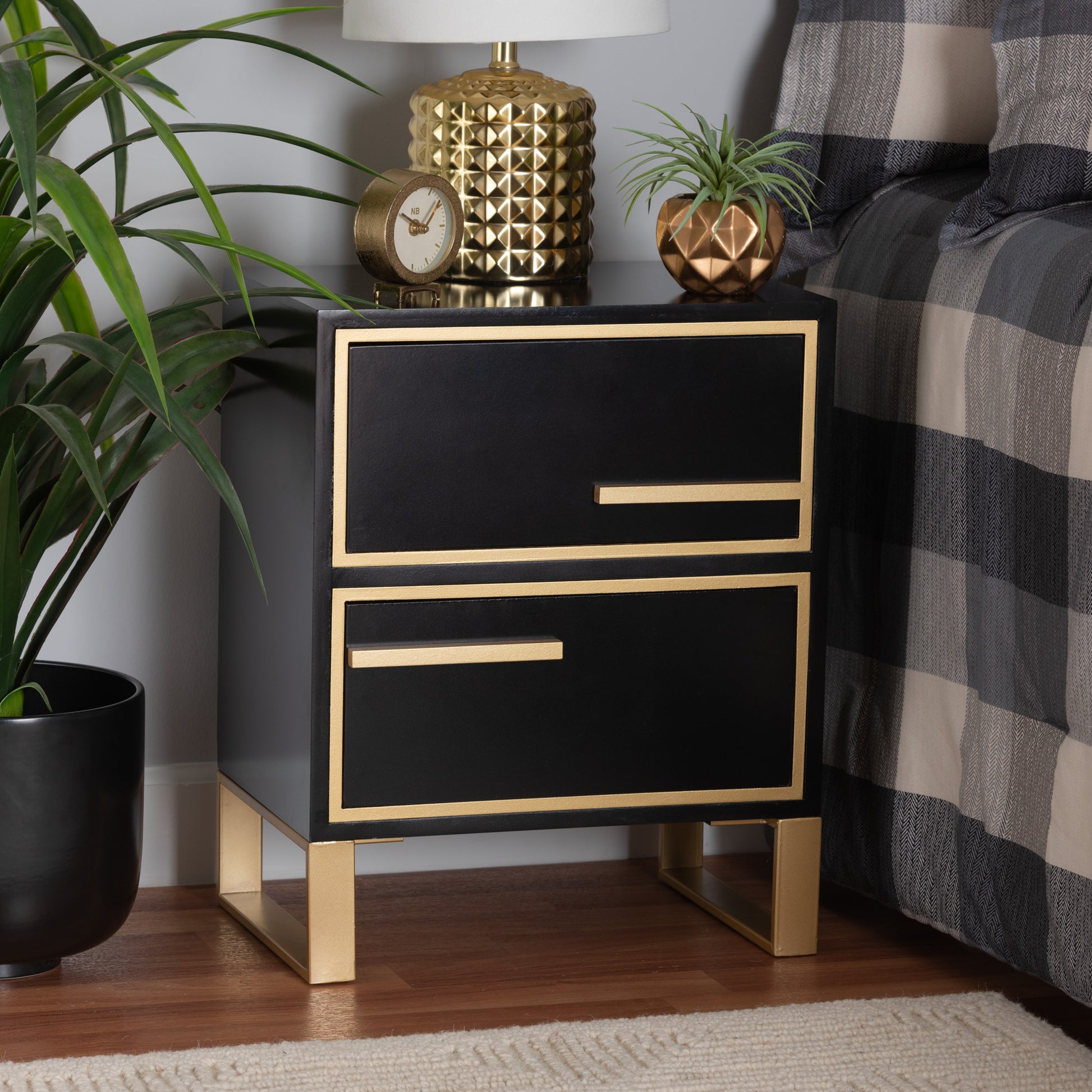 Baxton Studio Giolla Contemporary Glam and Luxe Black Finished Wood and Gold Metal 2-Drawer End Table | Cabinets | Modishstore