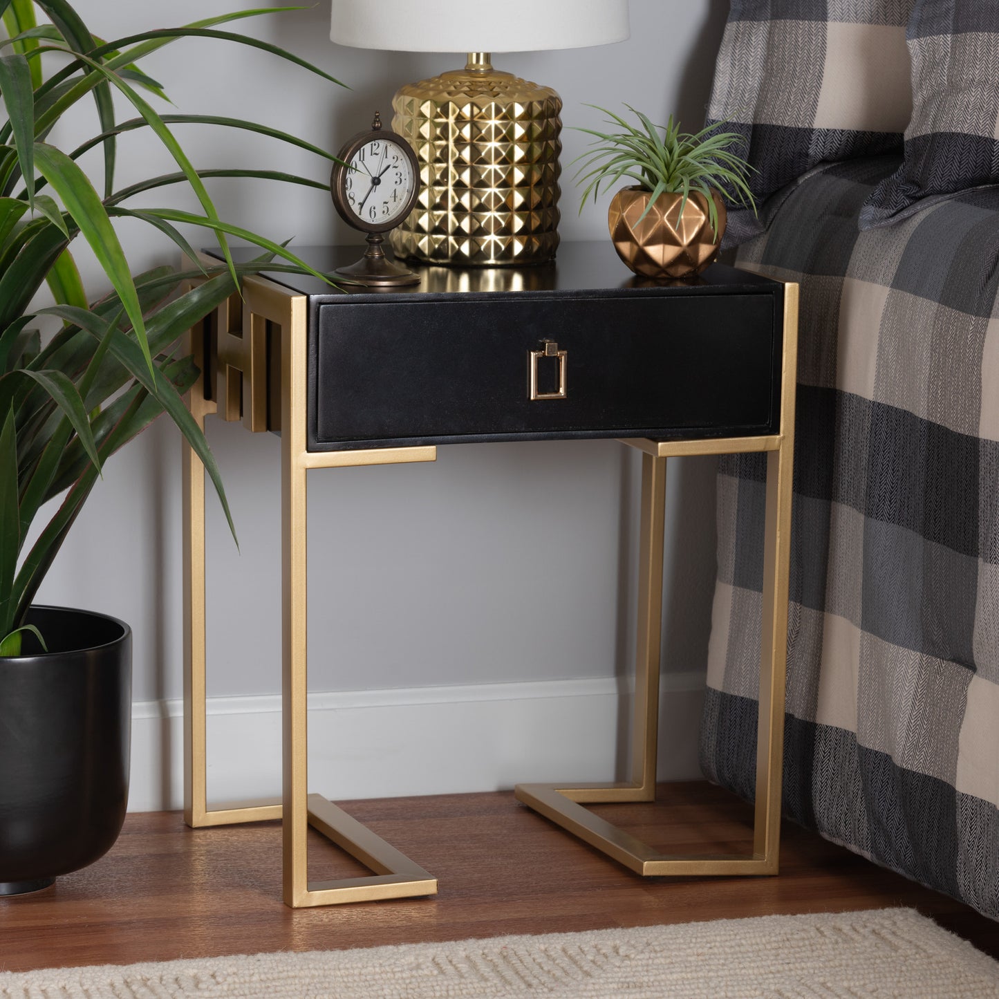 Baxton Studio Luna Contemporary Glam and Luxe Black Finished Wood and Gold Metal End Table | End Tables | Modishstore