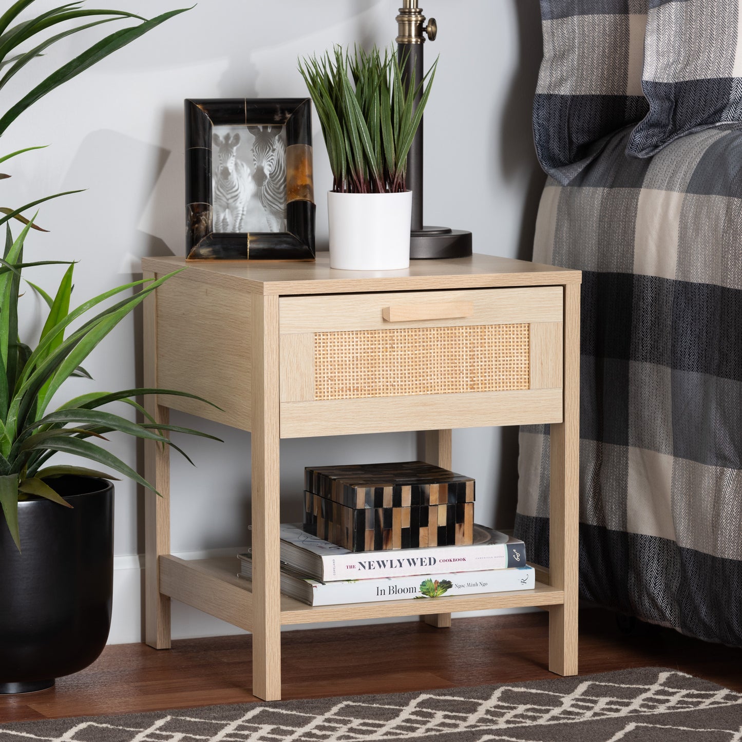 Baxton Studio Sebille Mid-Century Modern Light Brown Finished Wood 1-Drawer End Table with Natural Rattan | Cabinets | Modishstore