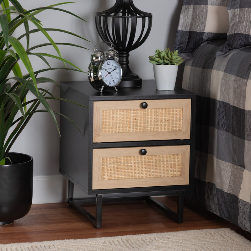 Baxton Studio Declan Mid-Century Modern Espresso Brown Finished Wood and Natural Rattan 2-Drawer End Table | Cabinets | Modishstore