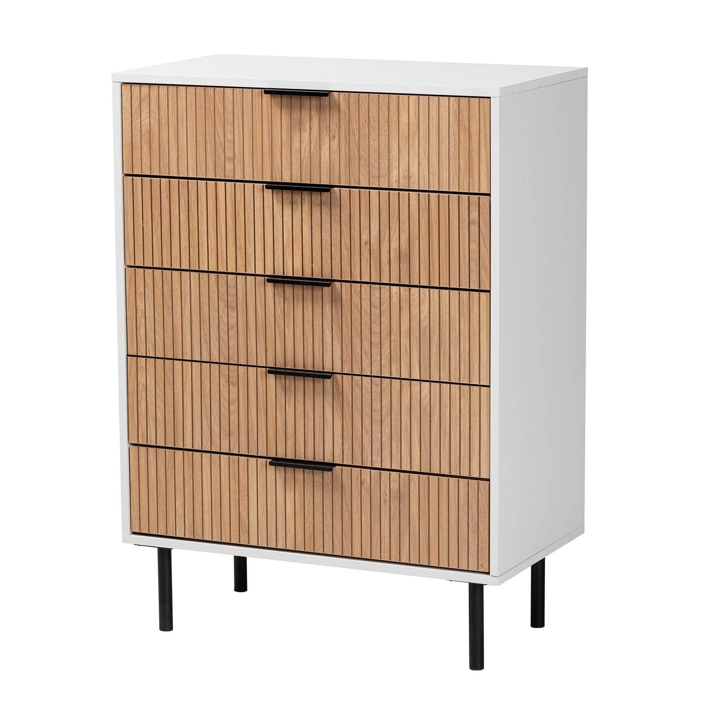 Baxton Studio Karima Mid-Century Modern Two-Tone White and Natural Brown Finished Wood and Black Metal 5-Drawer Storage Cabinet | Cabinets | Modishstore - 2