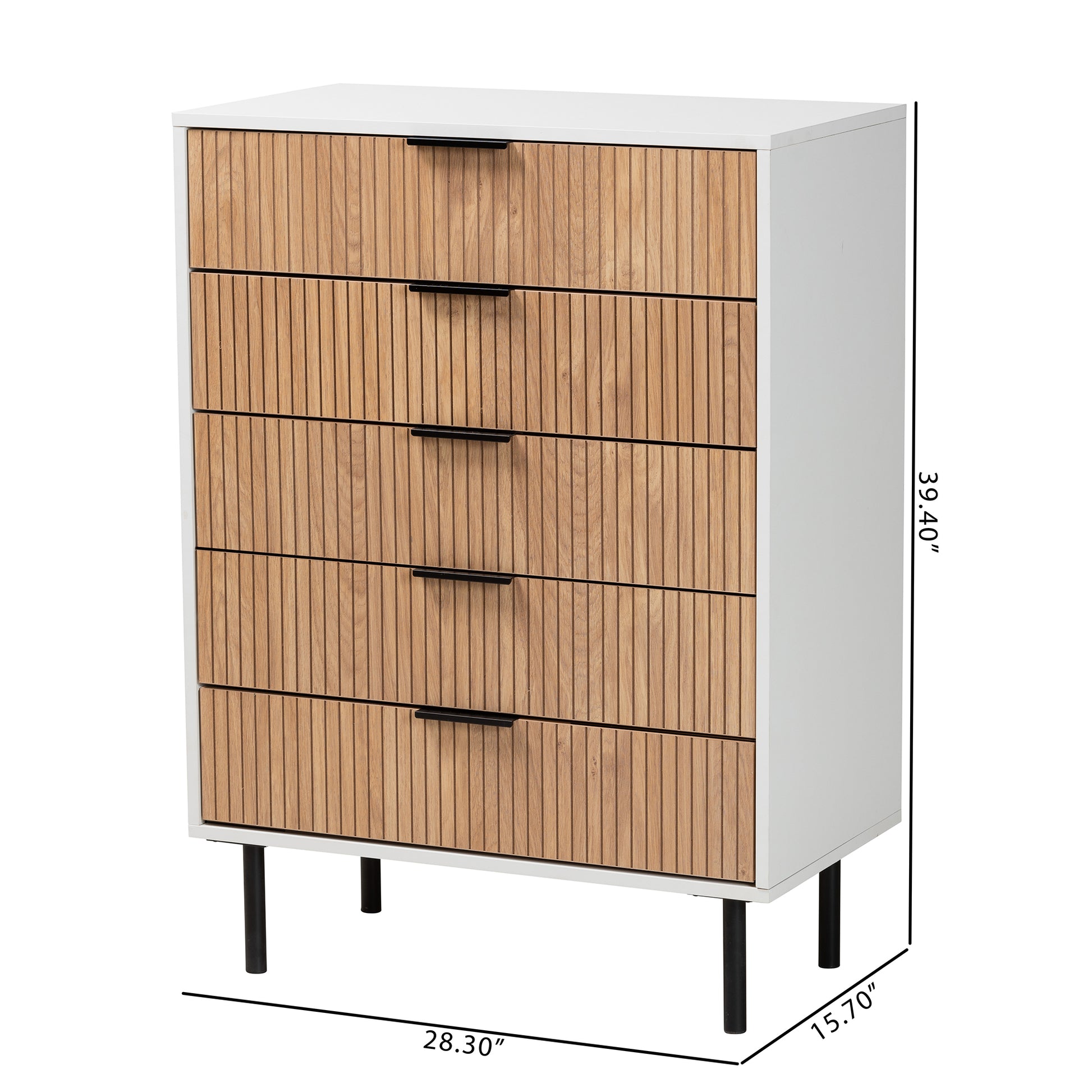 Baxton Studio Karima Mid-Century Modern Two-Tone White and Natural Brown Finished Wood and Black Metal 5-Drawer Storage Cabinet | Cabinets | Modishstore - 10