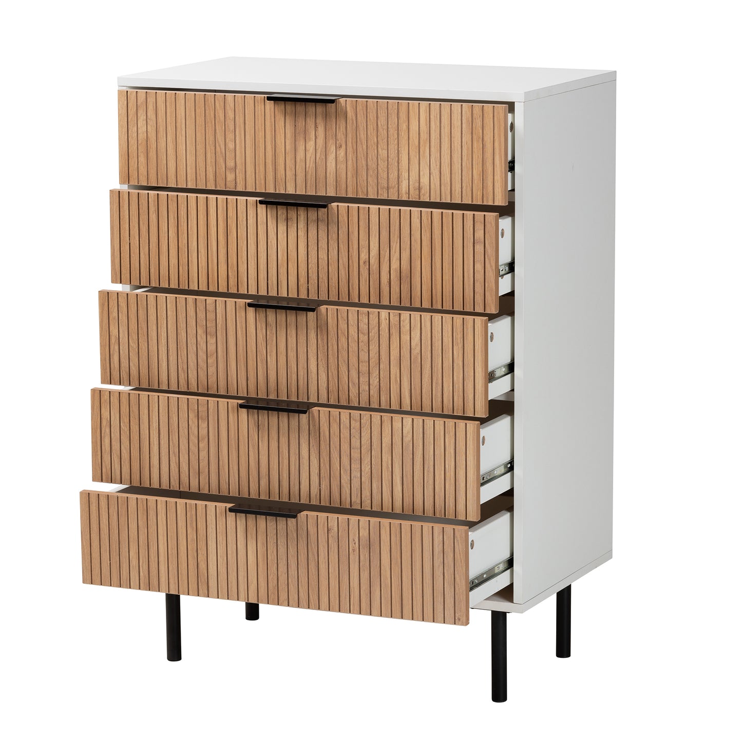 Baxton Studio Karima Mid-Century Modern Two-Tone White and Natural Brown Finished Wood and Black Metal 5-Drawer Storage Cabinet | Cabinets | Modishstore - 3