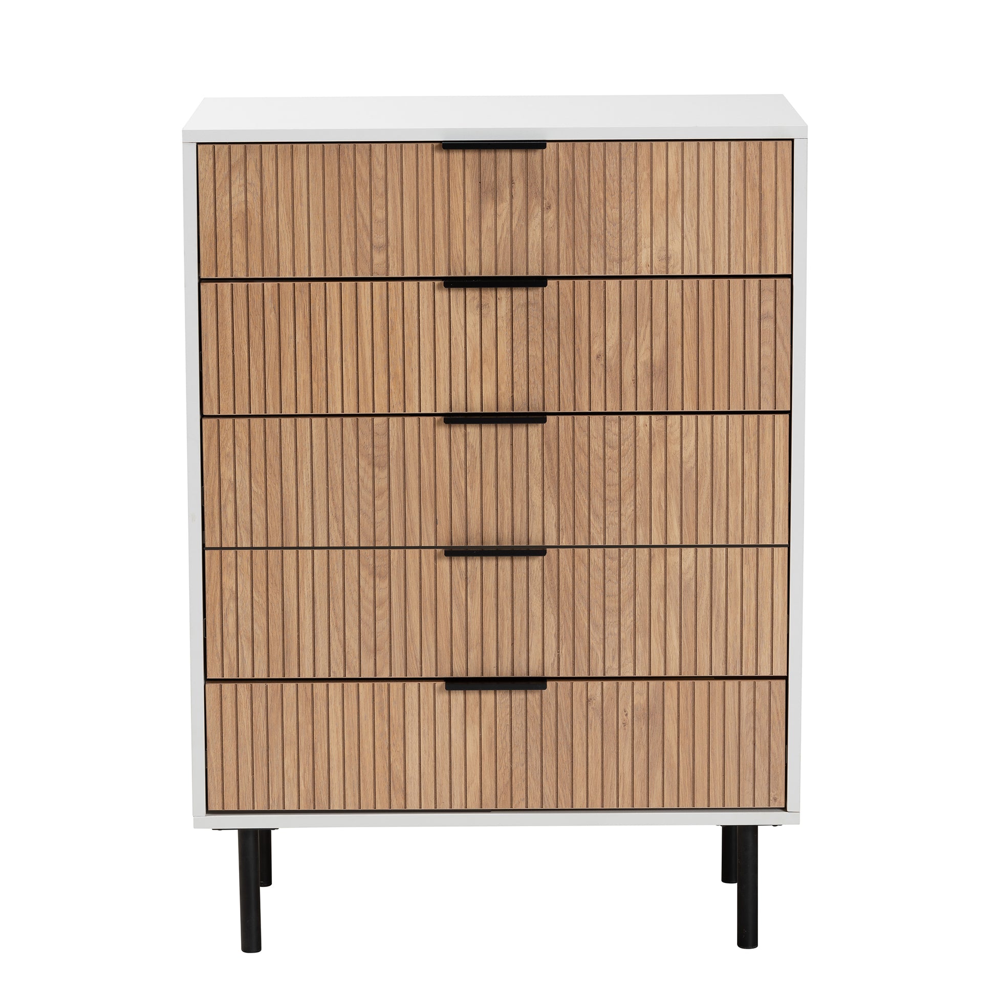 Baxton Studio Karima Mid-Century Modern Two-Tone White and Natural Brown Finished Wood and Black Metal 5-Drawer Storage Cabinet | Cabinets | Modishstore - 4