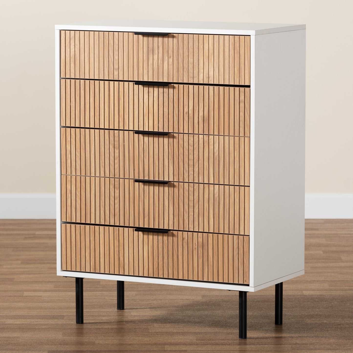 Baxton Studio Karima Mid-Century Modern Two-Tone White and Natural Brown Finished Wood and Black Metal 5-Drawer Storage Cabinet | Cabinets | Modishstore - 9