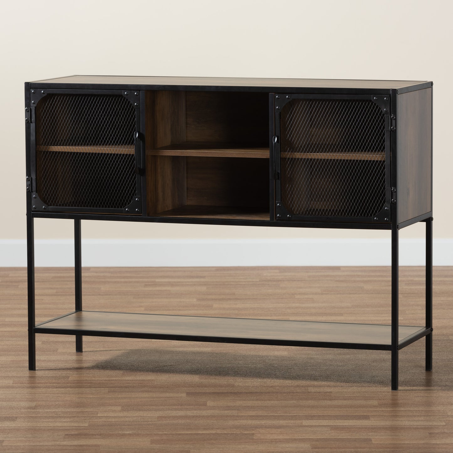 Baxton Studio Cardea Modern Industrial Walnut Brown Finished Wood and Black Metal 2-Door Sideboard | Sideboards | Modishstore - 9