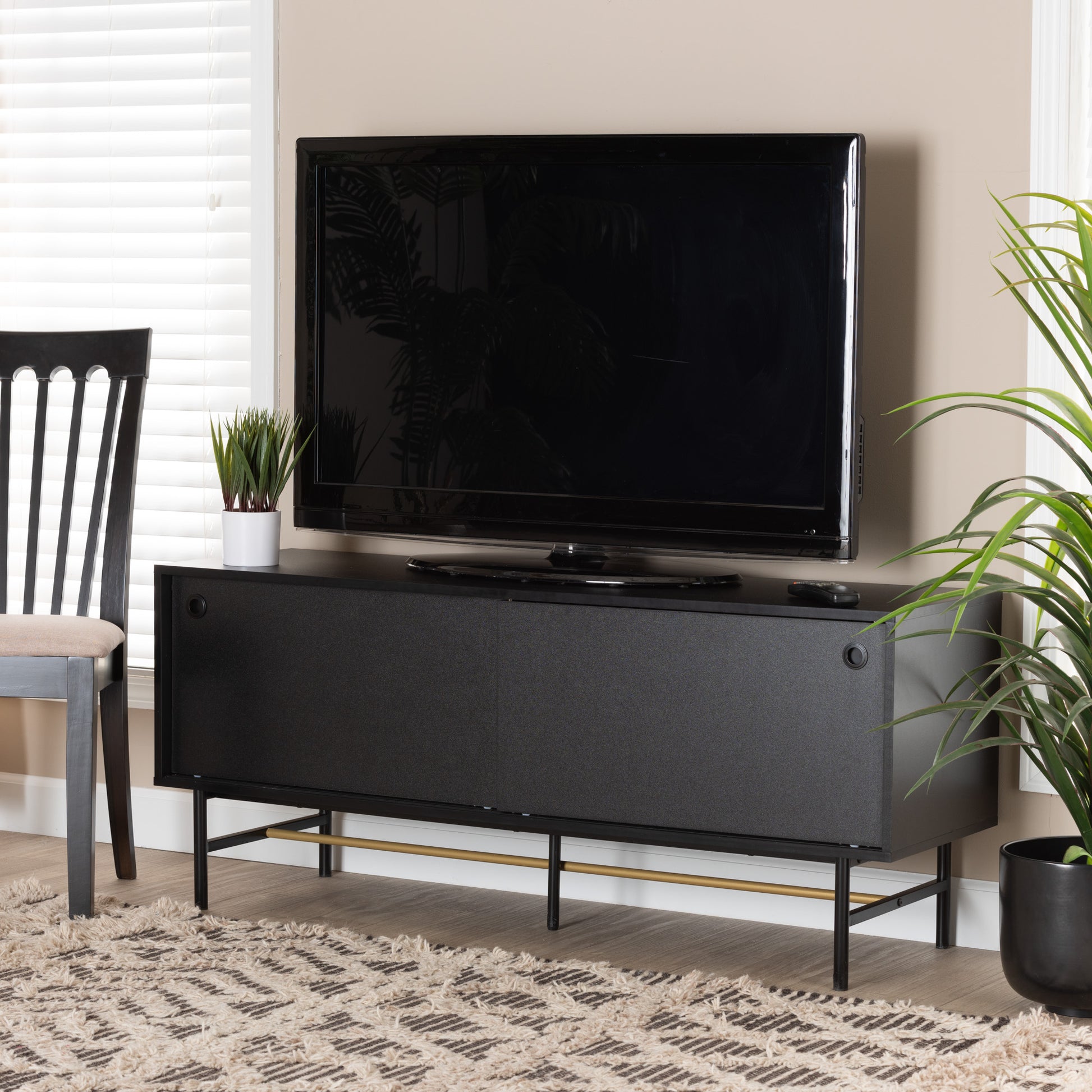 Baxton Studio Truett Modern Dark Brown Finished Wood and Two-Tone Black and Gold Metal TV Stand | TV Stands | Modishstore