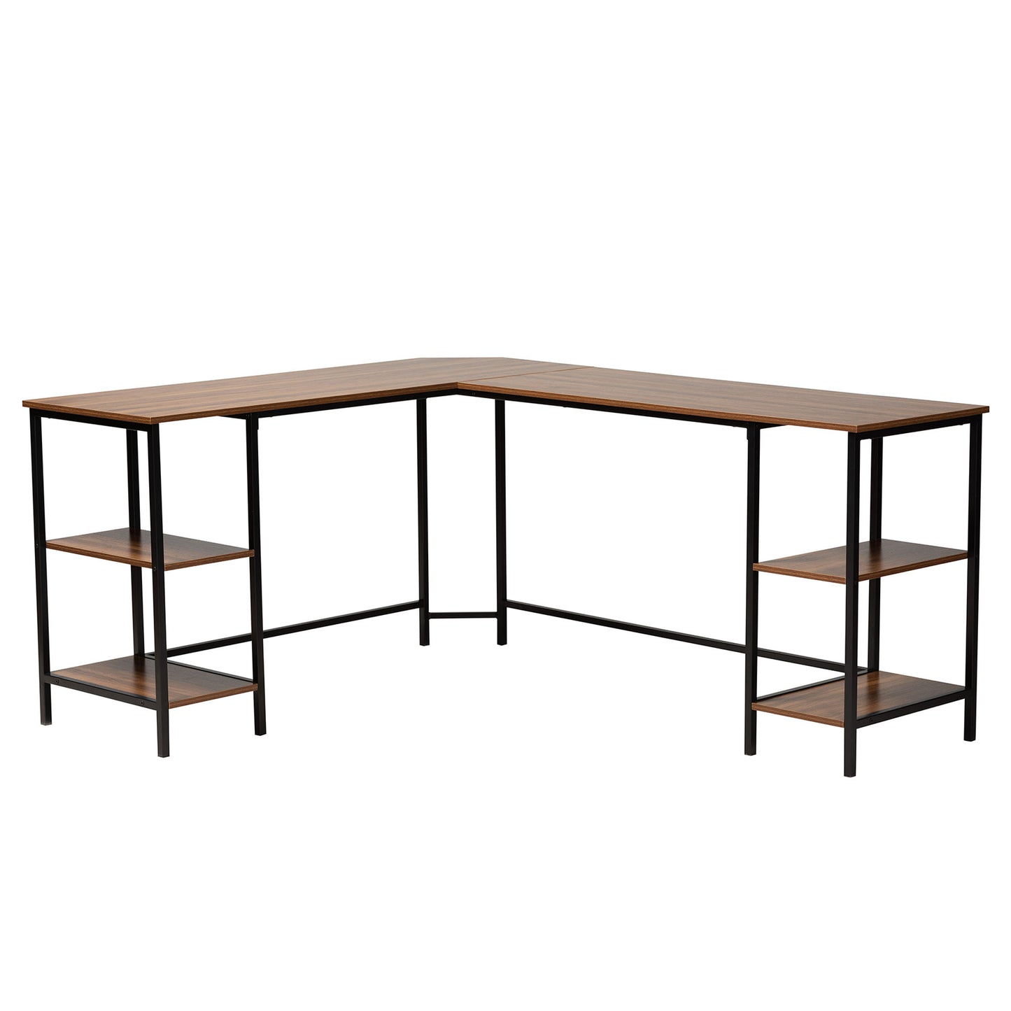 Baxton Studio Lydia Modern Walnut Brown Finished Wood and Black Metal L-Shaped Corner Desk with Shelves | Desks | Modishstore - 2