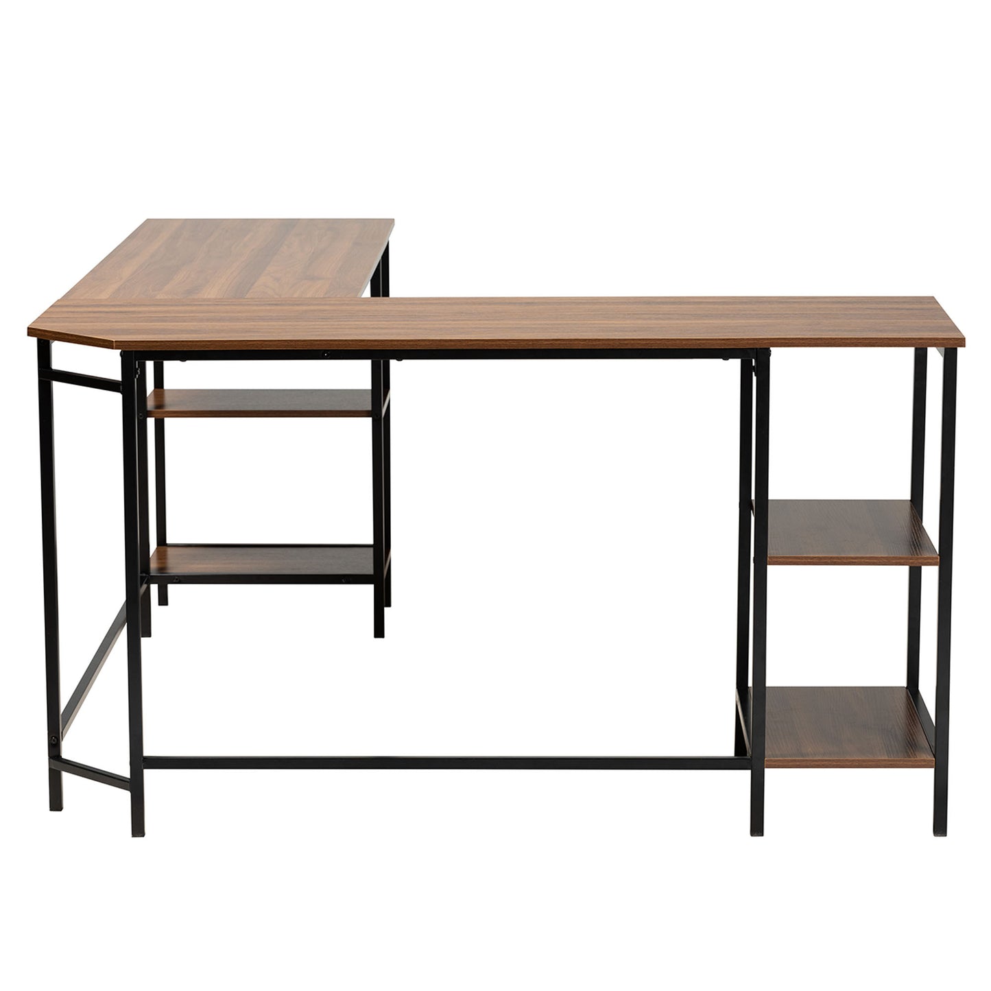 Baxton Studio Lydia Modern Walnut Brown Finished Wood and Black Metal L-Shaped Corner Desk with Shelves | Desks | Modishstore - 4