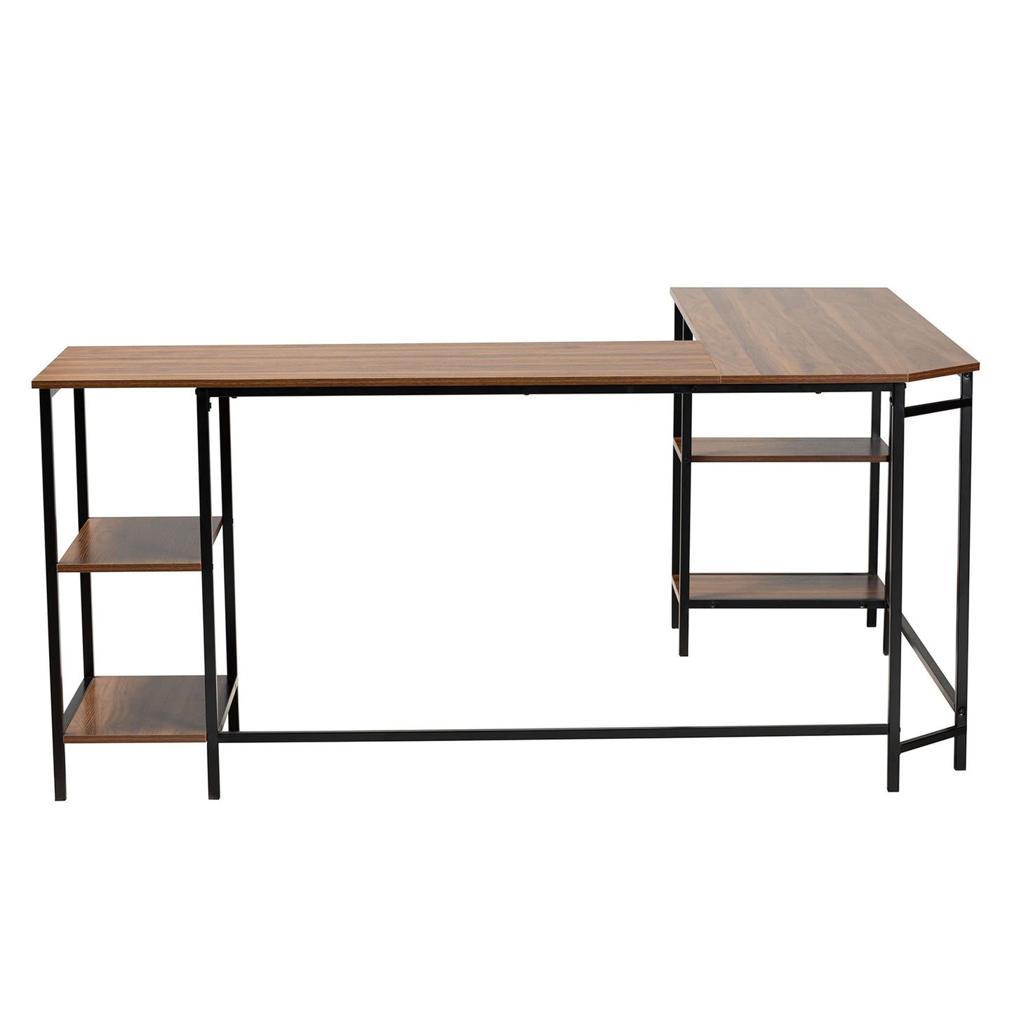 Baxton Studio Lydia Modern Walnut Brown Finished Wood and Black Metal L-Shaped Corner Desk with Shelves | Desks | Modishstore - 5