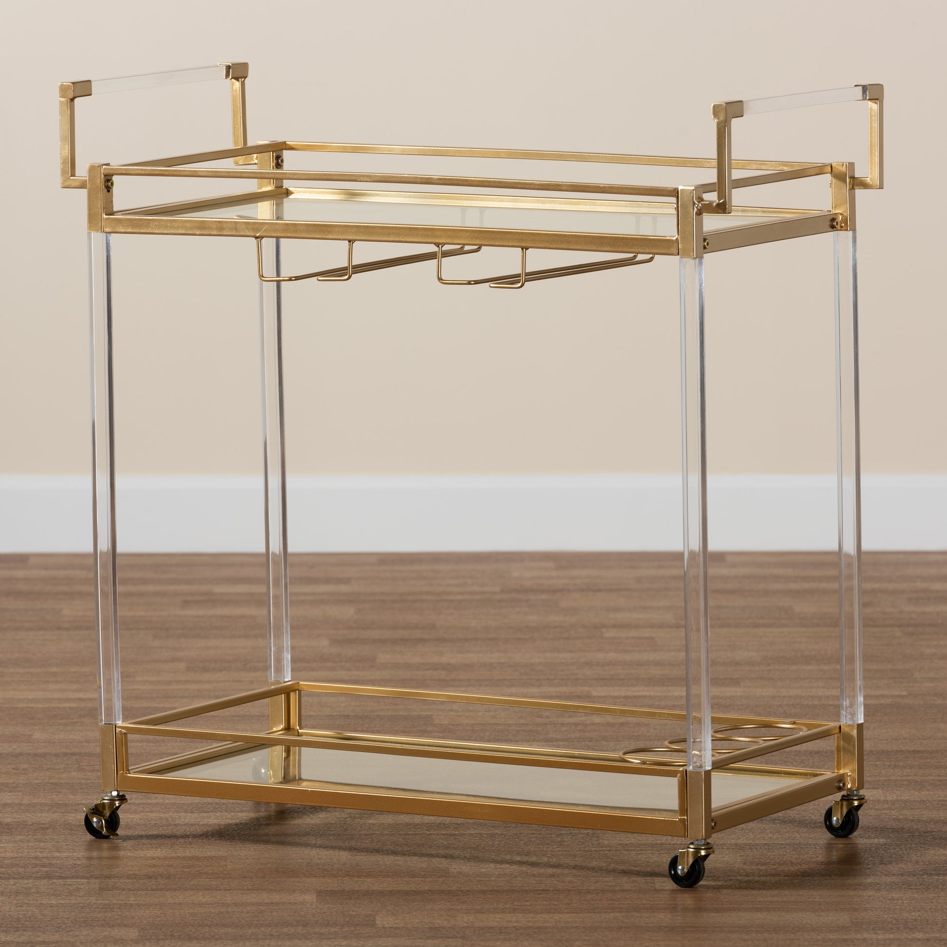 Baxton Studio Savannah Contemporary Glam and Luxe Gold Metal and Glass Wine Cart | Bar Carts | Modishstore - 9