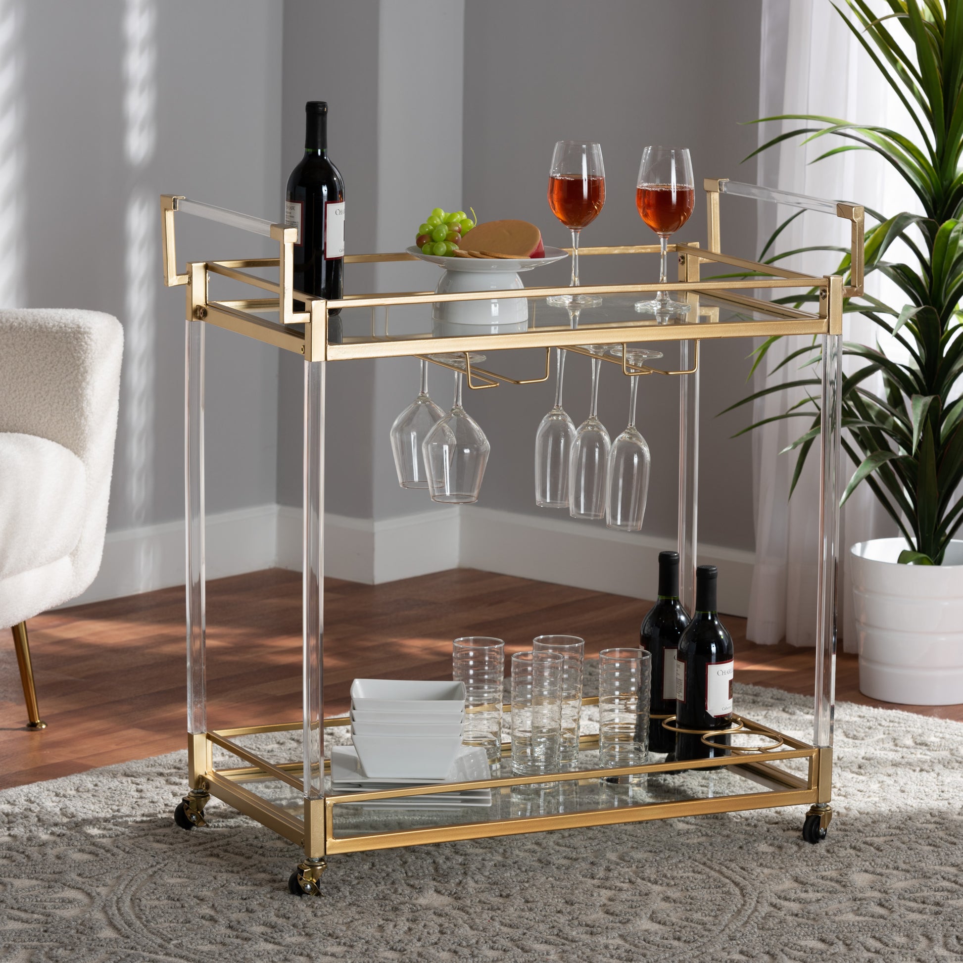 Baxton Studio Savannah Contemporary Glam and Luxe Gold Metal and Glass Wine Cart | Bar Carts | Modishstore