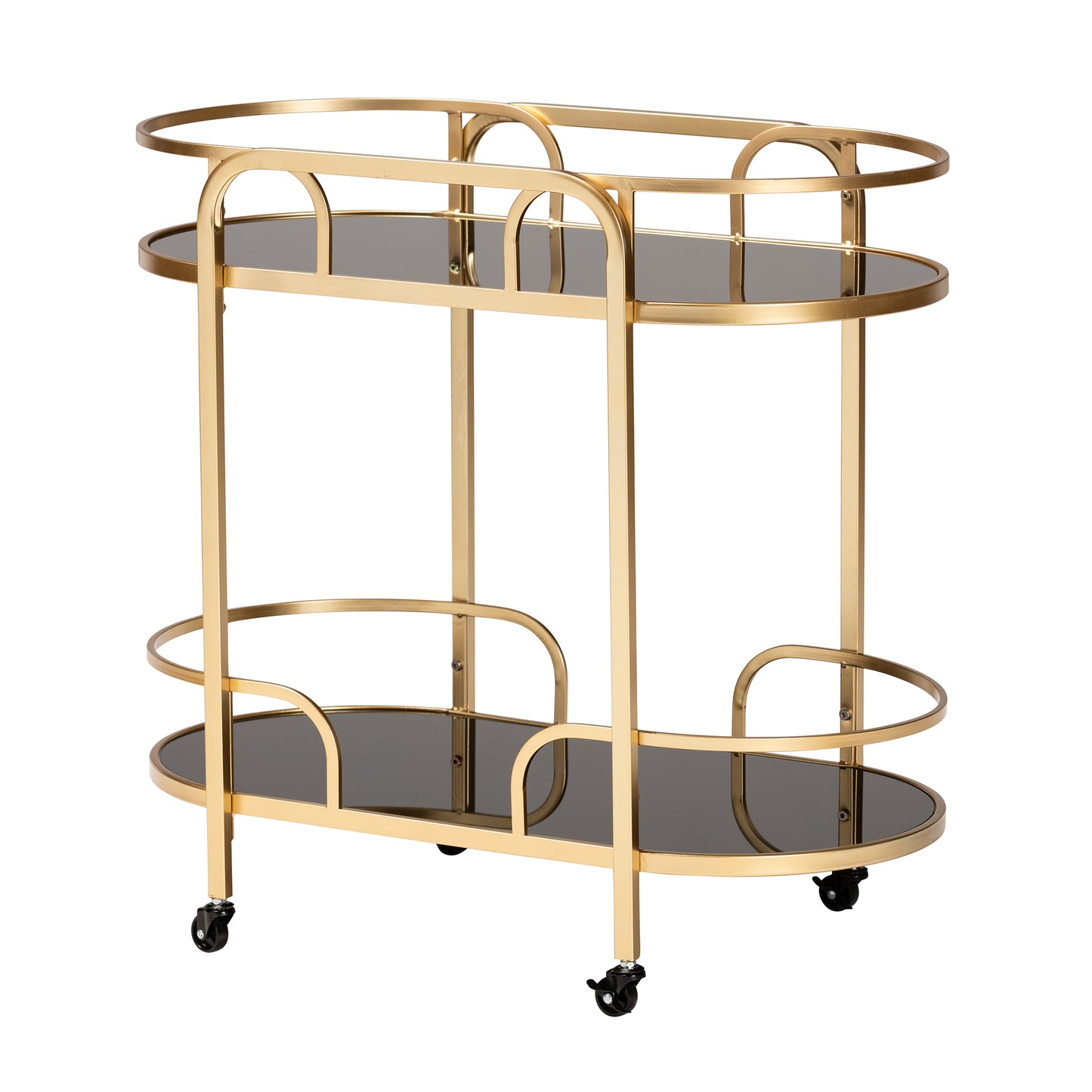 Baxton Studio Leighton Contemporary Glam and Luxe Gold Metal and Tempered Glass 2-Tier Wine Cart | Bar Carts | Modishstore - 3