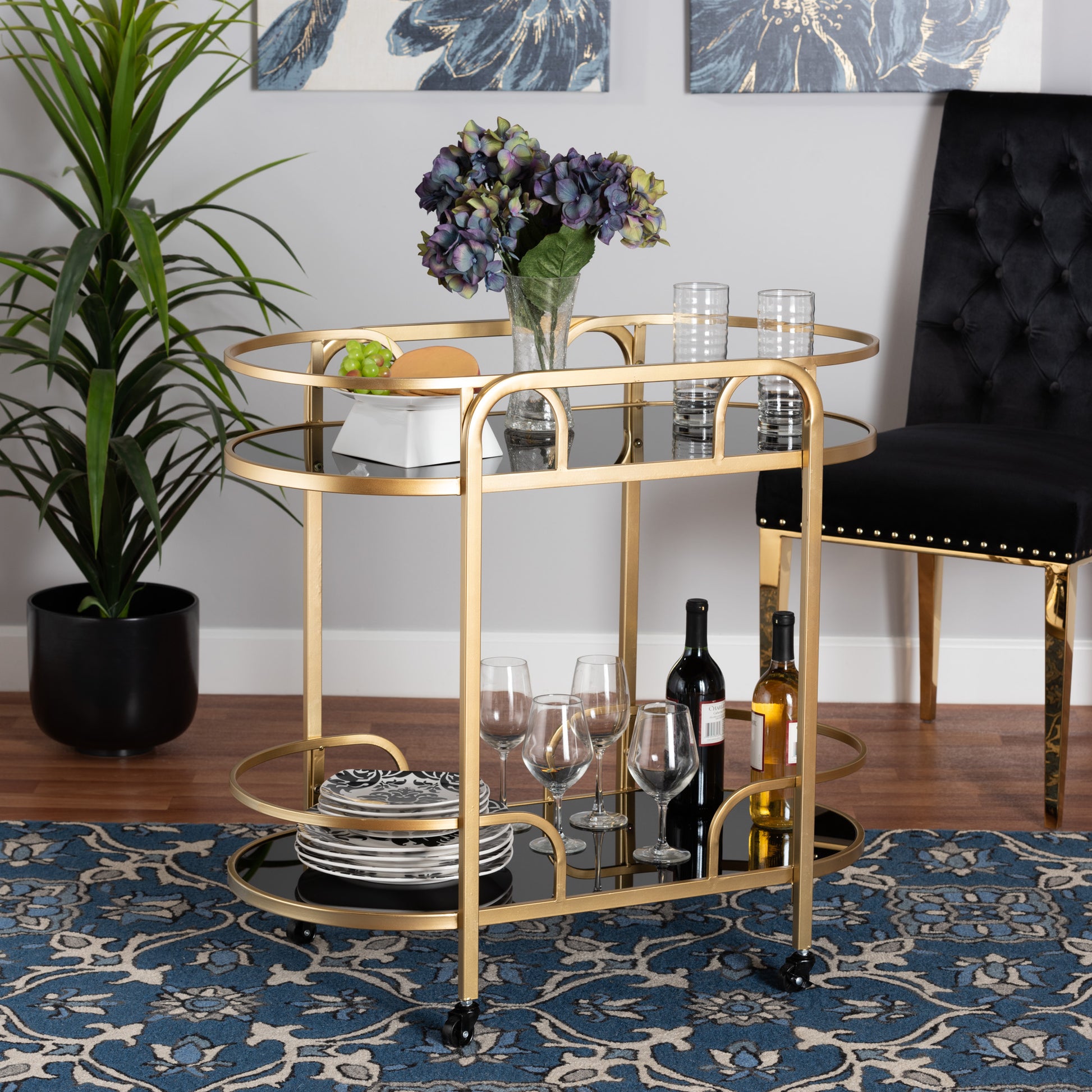 Baxton Studio Leighton Contemporary Glam and Luxe Gold Metal and Tempered Glass 2-Tier Wine Cart | Bar Carts | Modishstore