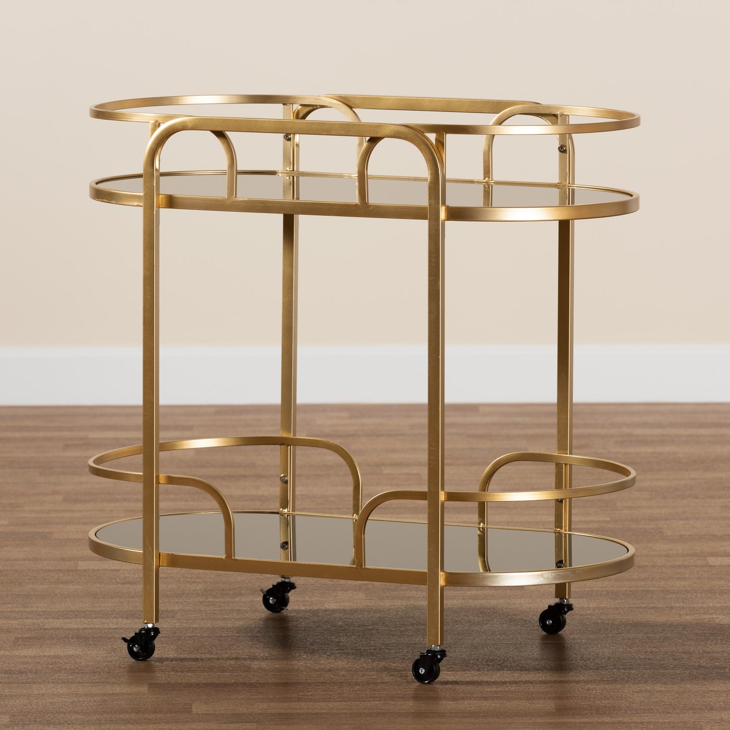 Baxton Studio Leighton Contemporary Glam and Luxe Gold Metal and Tempered Glass 2-Tier Wine Cart | Bar Carts | Modishstore - 8