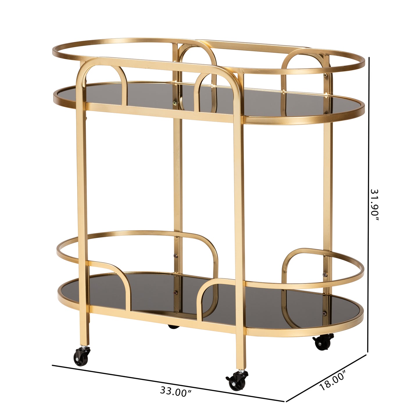 Baxton Studio Leighton Contemporary Glam and Luxe Gold Metal and Tempered Glass 2-Tier Wine Cart | Bar Carts | Modishstore - 2