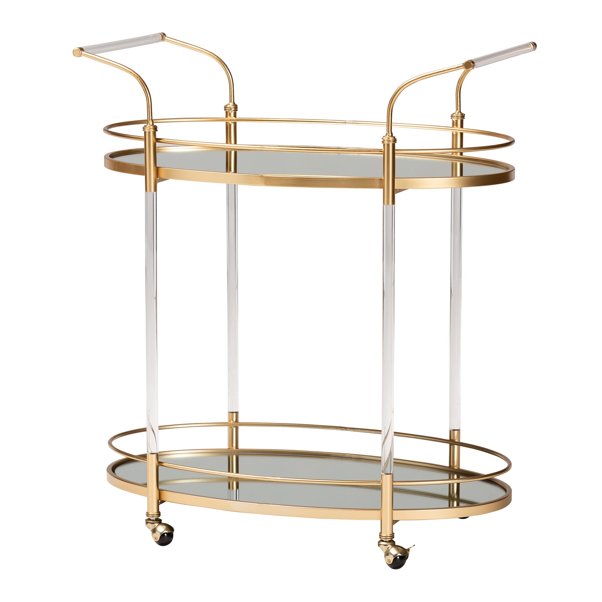 Baxton Studio Nakano Contemporary Glam and Luxe Gold Metal and Mirrored Glass 2-Tier Wine Cart | Bar Carts | Modishstore - 2