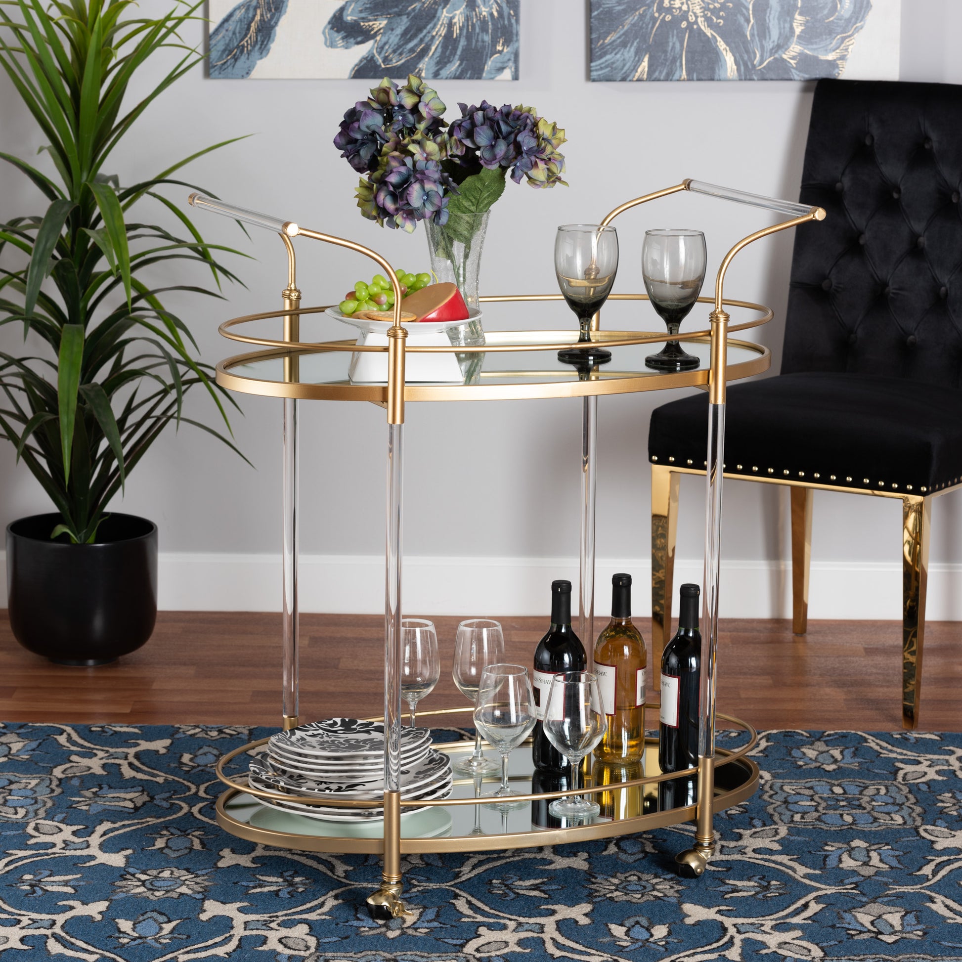 Baxton Studio Nakano Contemporary Glam and Luxe Gold Metal and Mirrored Glass 2-Tier Wine Cart | Bar Carts | Modishstore