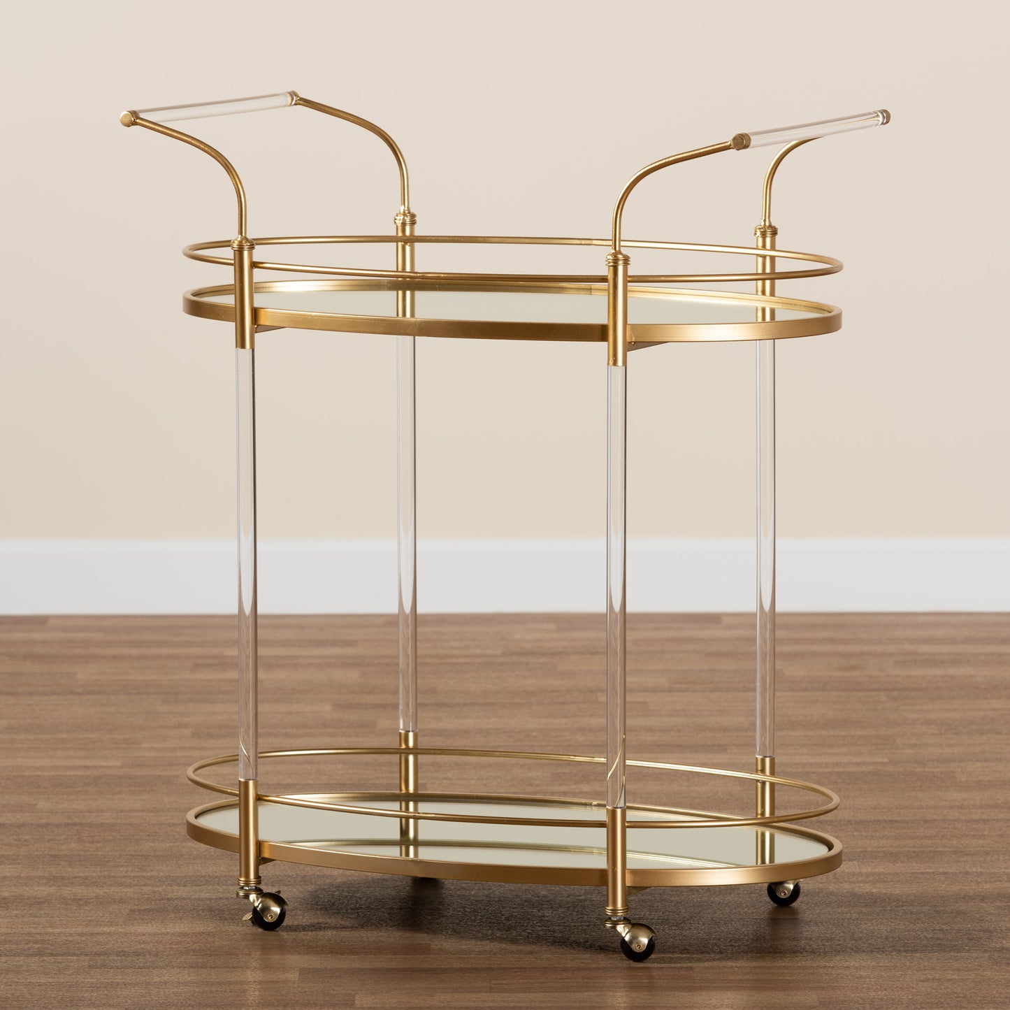 Baxton Studio Nakano Contemporary Glam and Luxe Gold Metal and Mirrored Glass 2-Tier Wine Cart | Bar Carts | Modishstore - 7