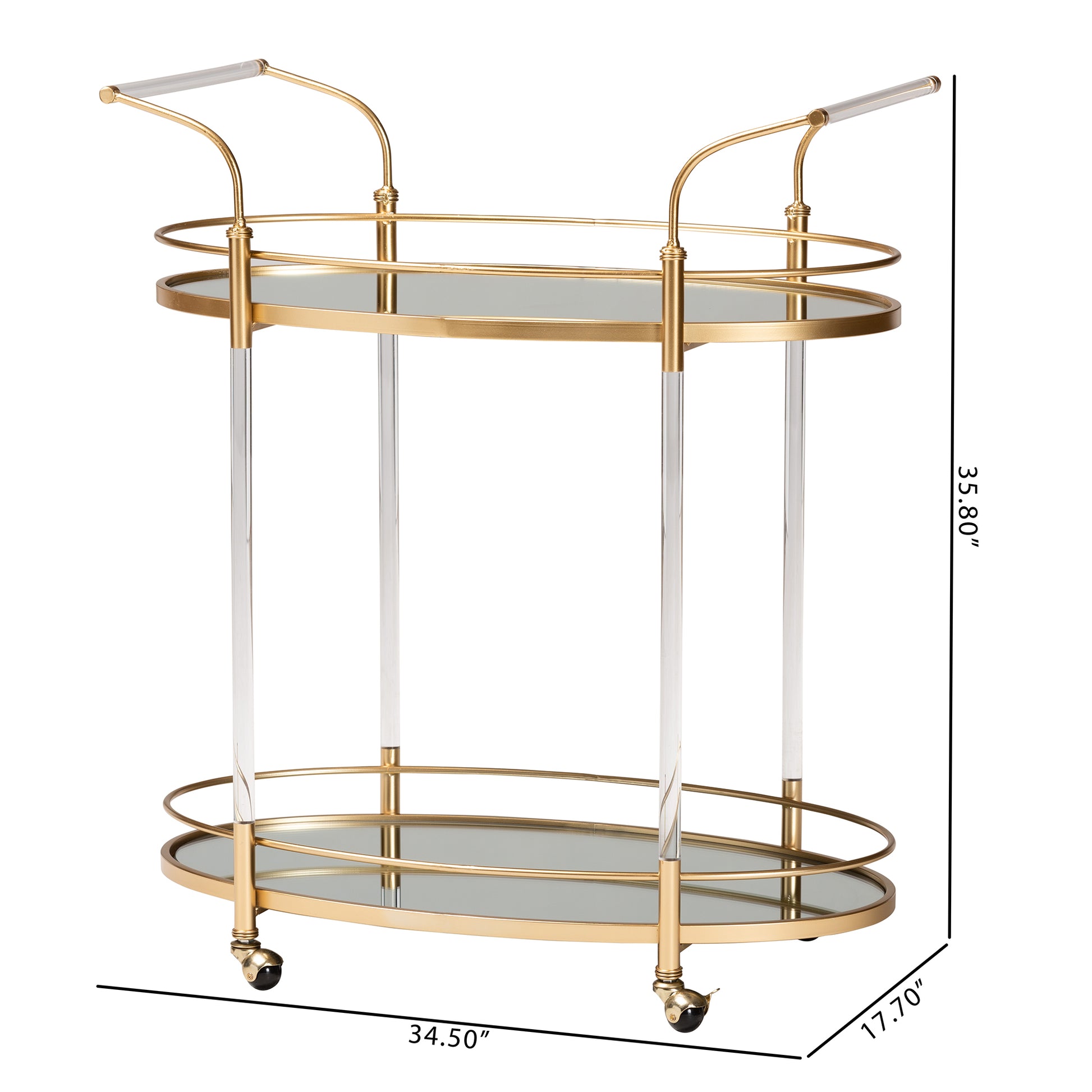 Baxton Studio Nakano Contemporary Glam and Luxe Gold Metal and Mirrored Glass 2-Tier Wine Cart | Bar Carts | Modishstore - 8