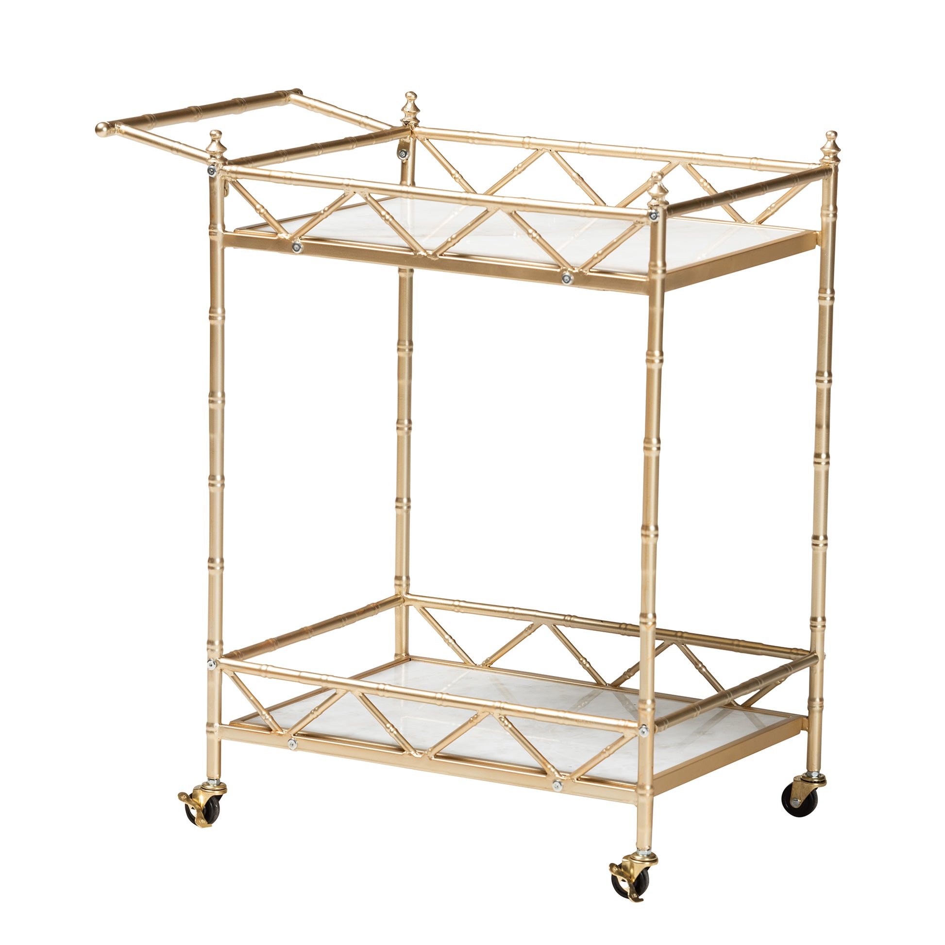 Baxton Studio Mela Contemporary Glam and Luxe Gold Metal and White Marble 2-Tier Wine Cart | Bar Carts | Modishstore - 2