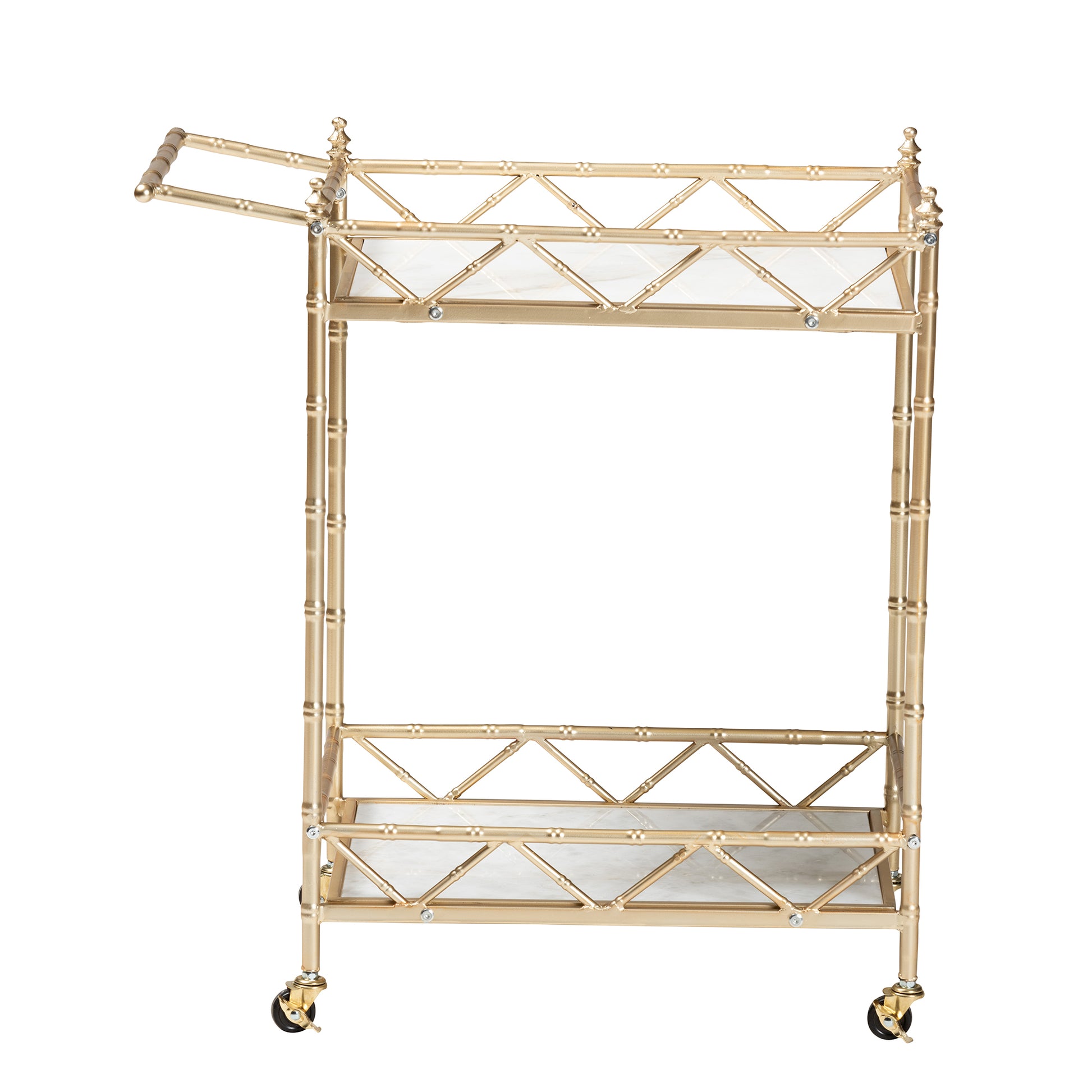 Baxton Studio Mela Contemporary Glam and Luxe Gold Metal and White Marble 2-Tier Wine Cart | Bar Carts | Modishstore - 3