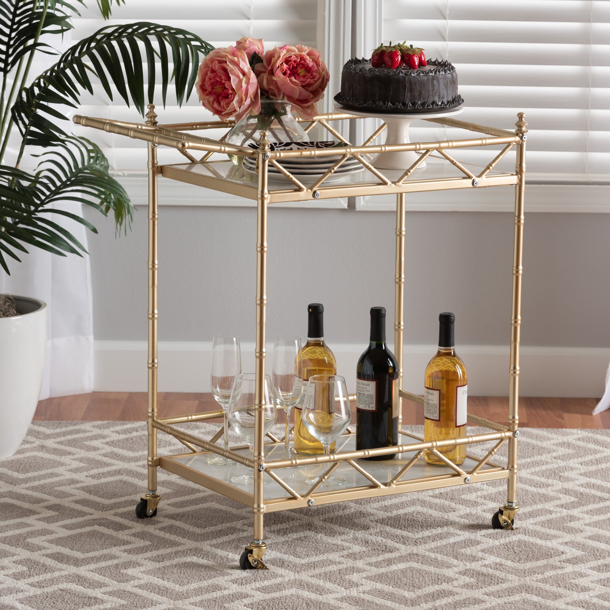 Baxton Studio Mela Contemporary Glam and Luxe Gold Metal and White Marble 2-Tier Wine Cart | Bar Carts | Modishstore