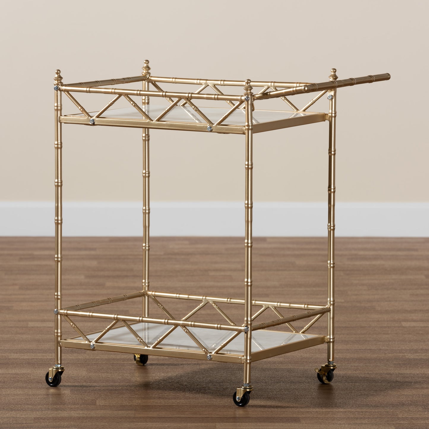 Baxton Studio Mela Contemporary Glam and Luxe Gold Metal and White Marble 2-Tier Wine Cart | Bar Carts | Modishstore - 7