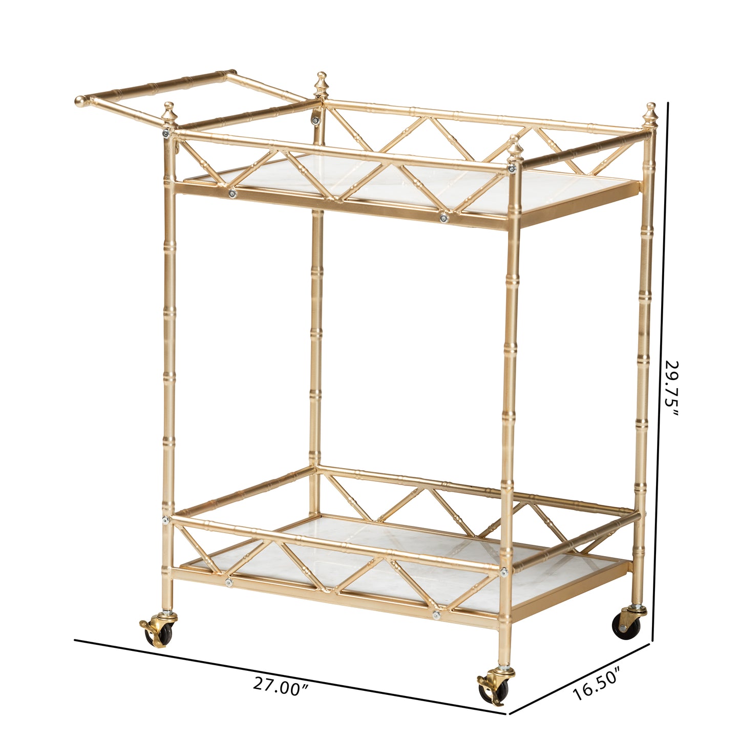 Baxton Studio Mela Contemporary Glam and Luxe Gold Metal and White Marble 2-Tier Wine Cart | Bar Carts | Modishstore - 8