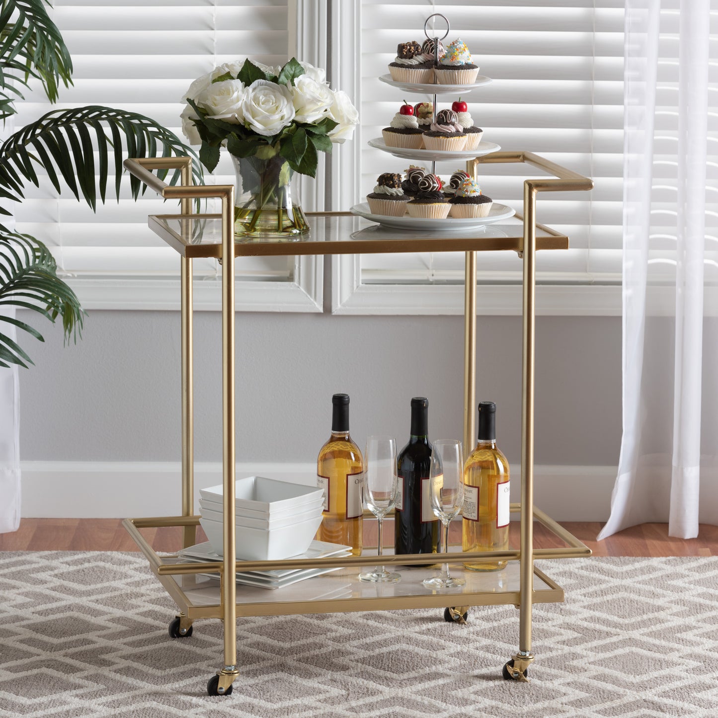 Baxton Studio Louise Contemporary Glam and Luxe Gold Metal and White Marble 2-Tier Wine Cart | Bar Carts | Modishstore