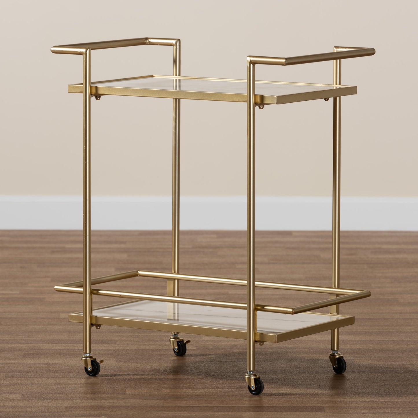 Baxton Studio Louise Contemporary Glam and Luxe Gold Metal and White Marble 2-Tier Wine Cart | Bar Carts | Modishstore - 7