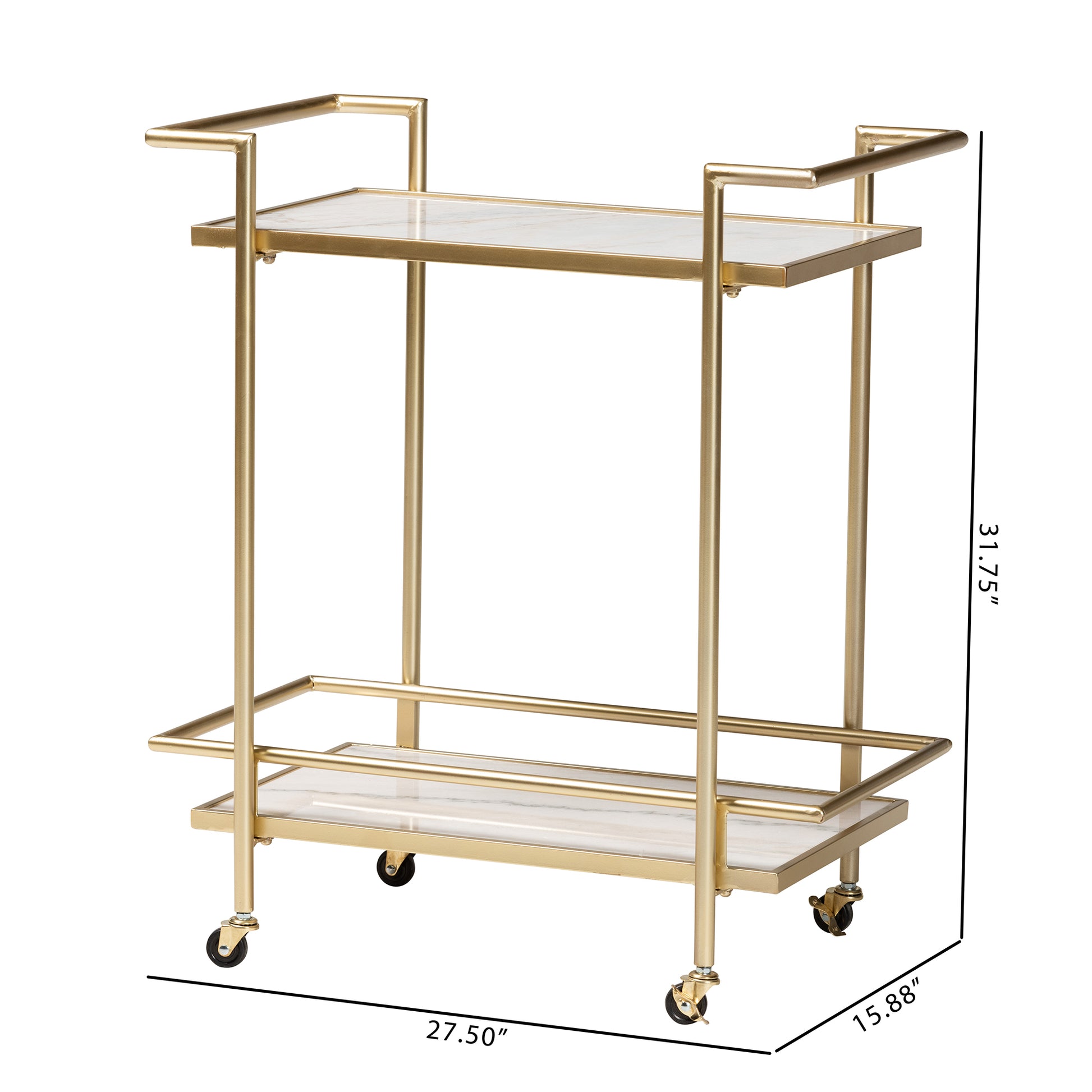 Baxton Studio Louise Contemporary Glam and Luxe Gold Metal and White Marble 2-Tier Wine Cart | Bar Carts | Modishstore - 8