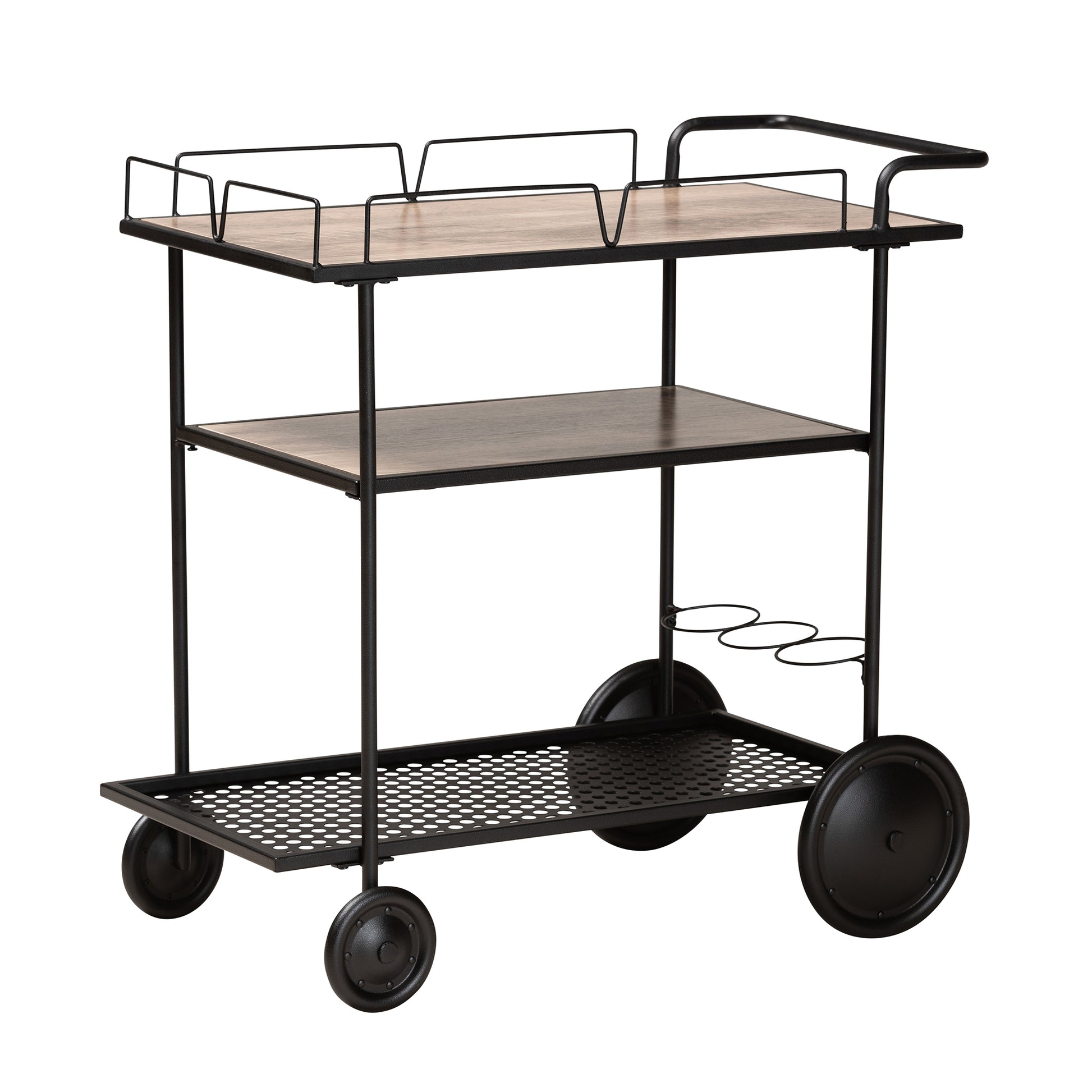 Baxton Studio Huntley Modern Industrial Walnut Brown Finished Wood and Black Metal Mobile Wine Cart | Bar Carts | Modishstore - 2