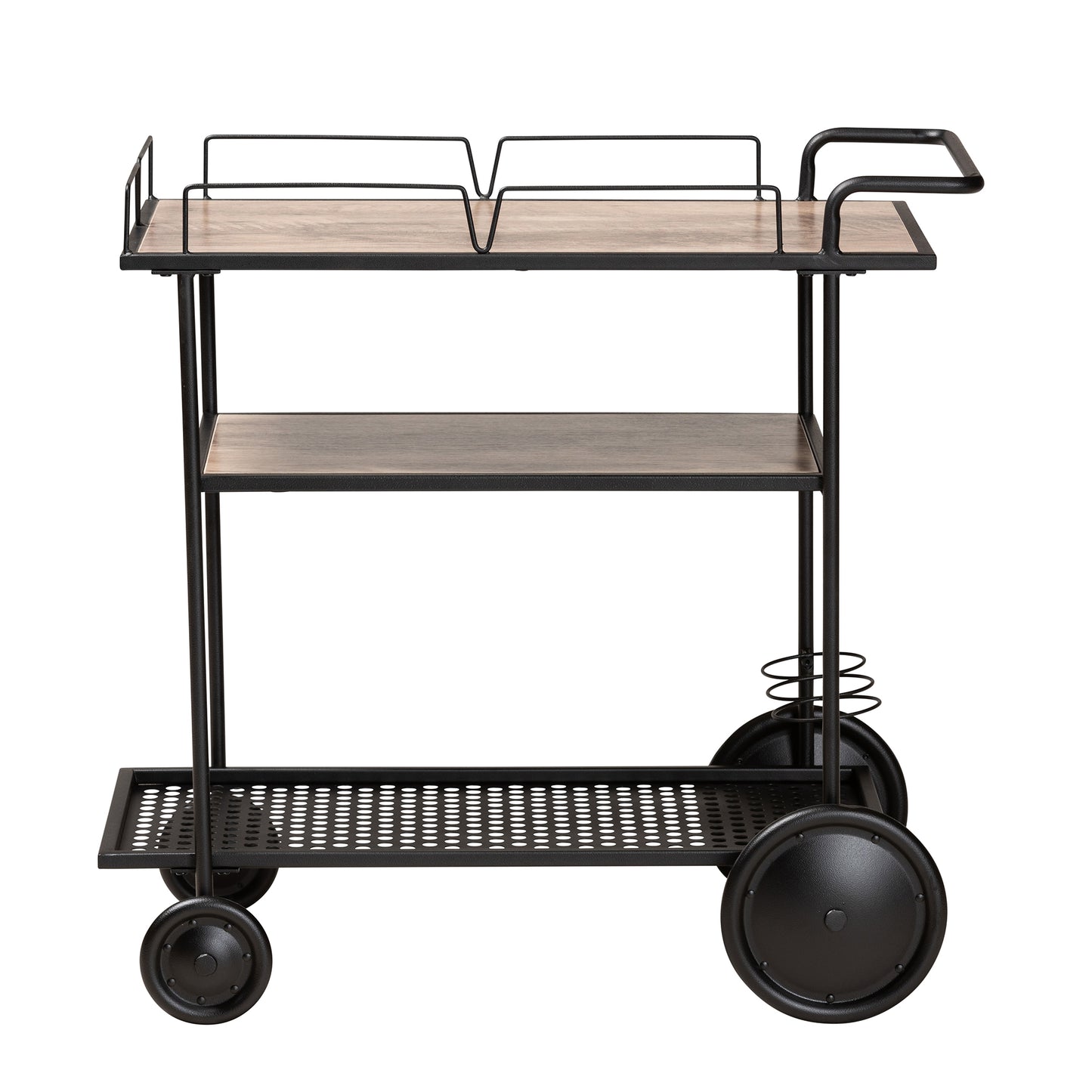 Baxton Studio Huntley Modern Industrial Walnut Brown Finished Wood and Black Metal Mobile Wine Cart | Bar Carts | Modishstore - 3