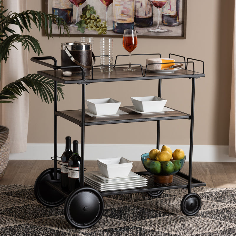 Baxton Studio Huntley Modern Industrial Walnut Brown Finished Wood and Black Metal Mobile Wine Cart | Bar Carts | Modishstore