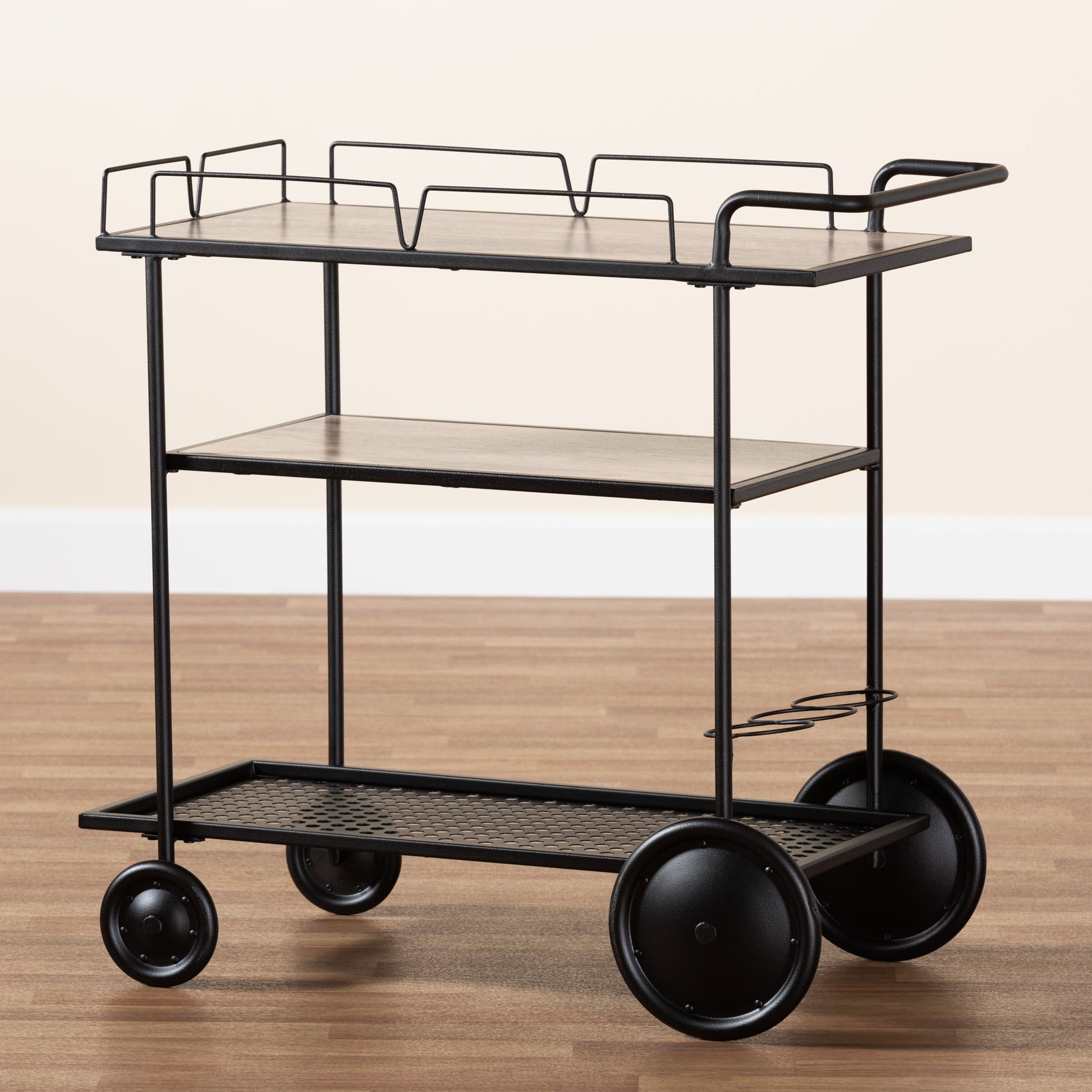 Baxton Studio Huntley Modern Industrial Walnut Brown Finished Wood and Black Metal Mobile Wine Cart | Bar Carts | Modishstore - 9