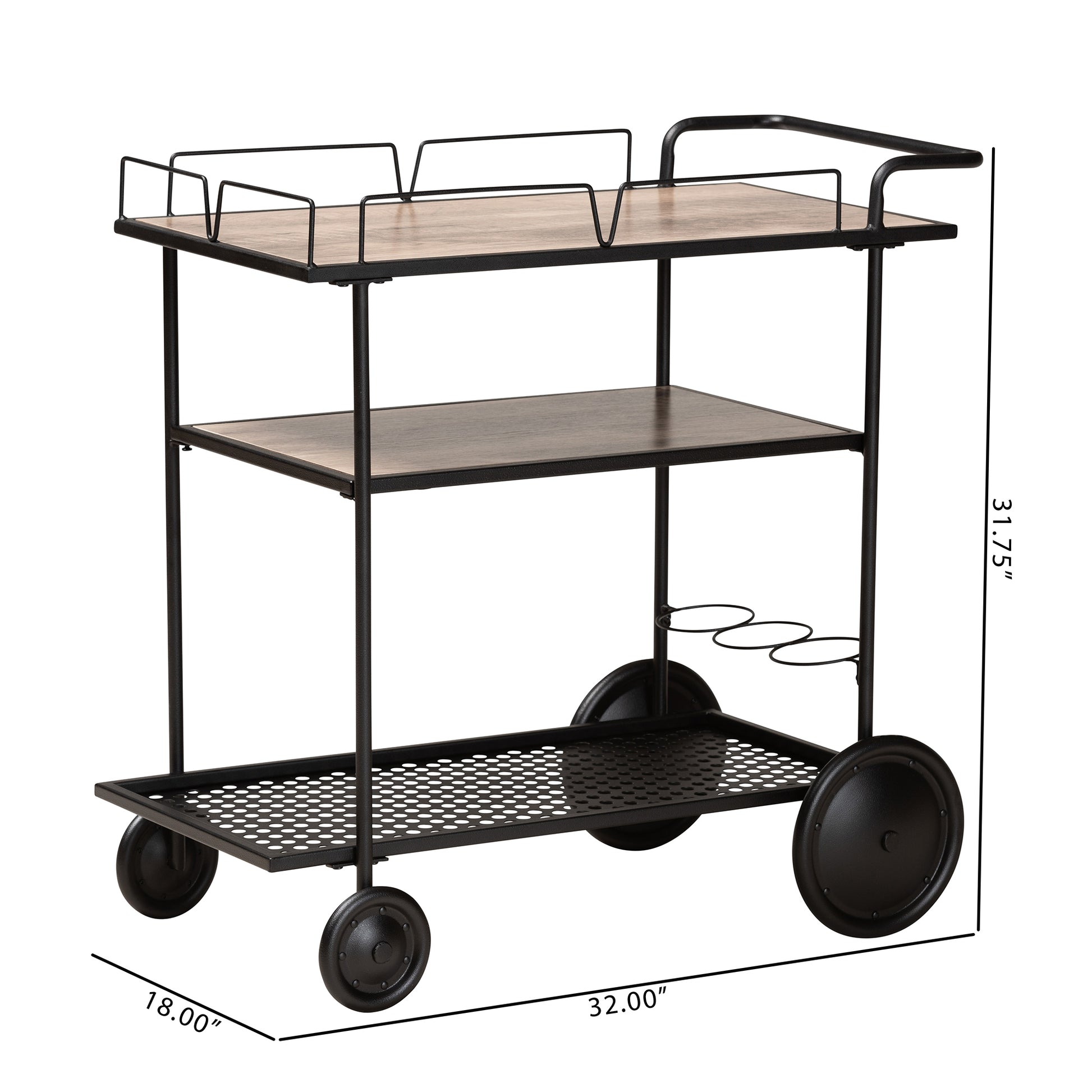 Baxton Studio Huntley Modern Industrial Walnut Brown Finished Wood and Black Metal Mobile Wine Cart | Bar Carts | Modishstore - 8