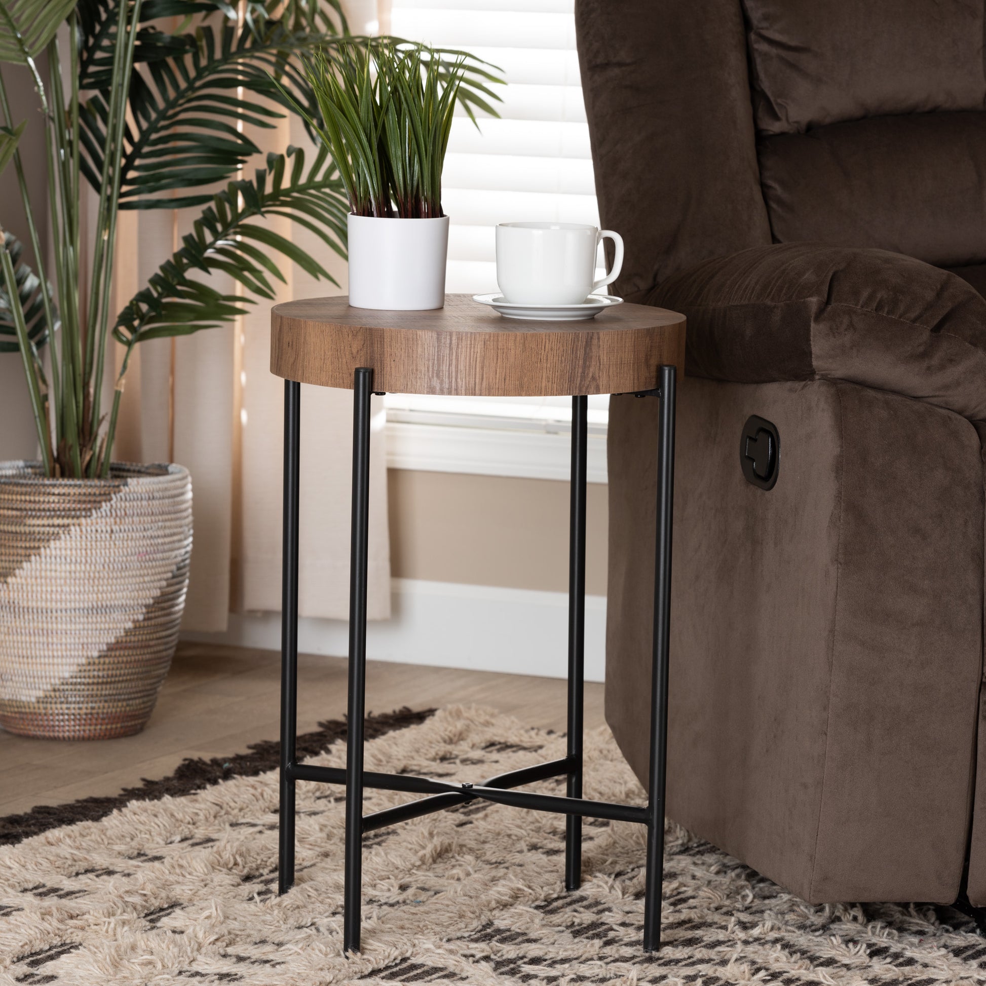 Baxton Studio Savion Modern Industrial Walnut Brown Finished Wood and Black Metal End Table | End Tables | Modishstore