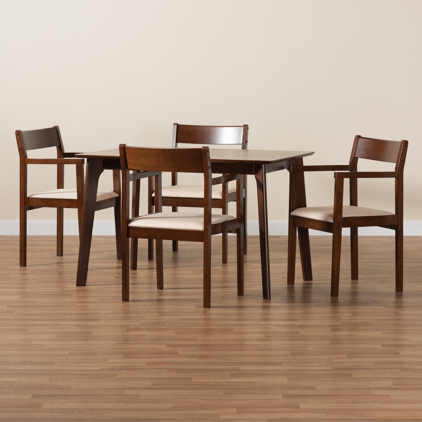 Baxton Studio Helene Mid-Century Modern Cream Fabric and Dark Brown Finished Wood 5-Piece Dining Set | Dining Sets | Modishstore - 2