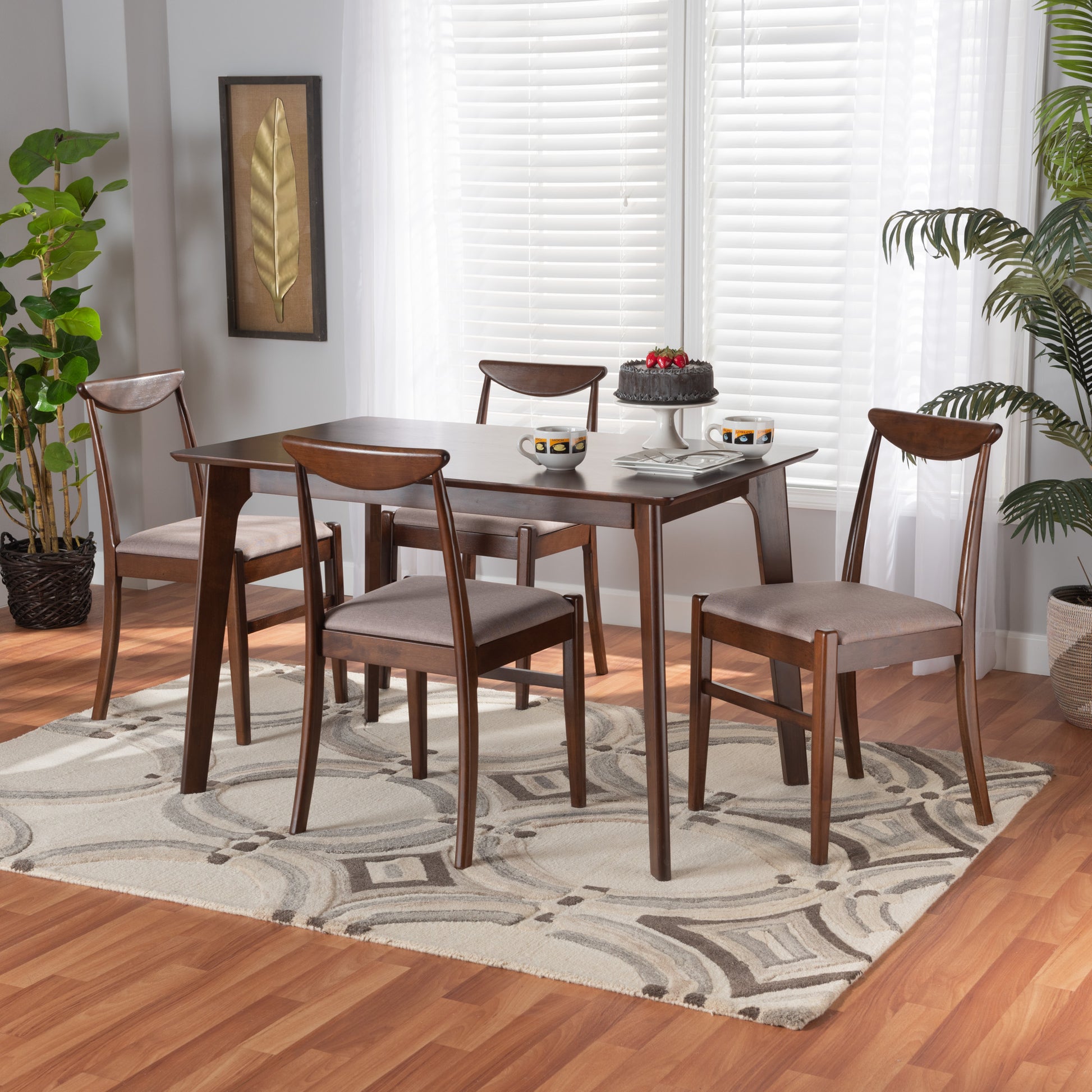 Baxton Studio Delphina Mid-Century Modern Warm Grey Fabric and Dark Brown Finished Wood 5-Piece Dining Set | Dining Sets | Modishstore